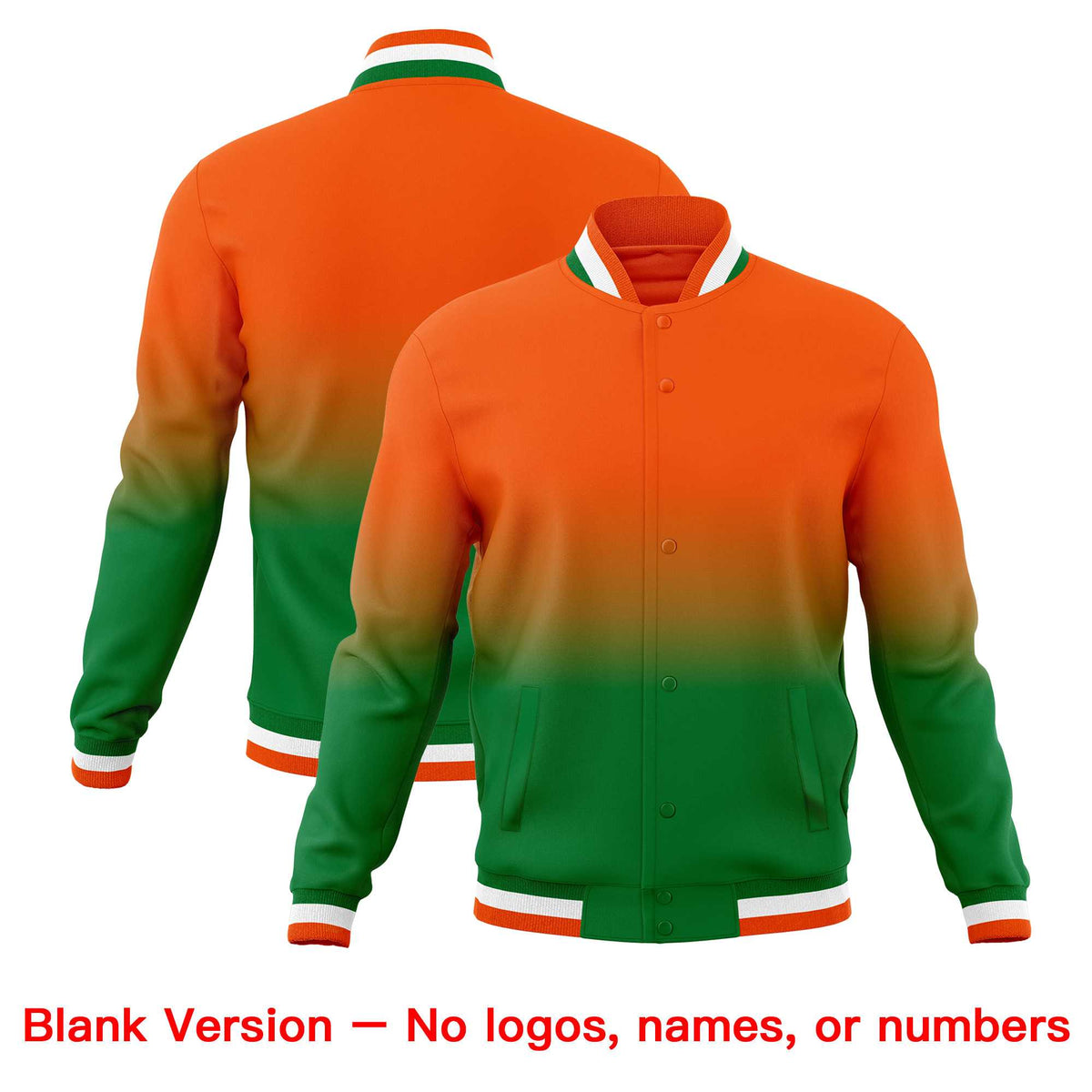 Custom Kelly Green Orange Full-Snap Varsity Personalization Gradient Fashion Letterman Jacket| KXKSHOP