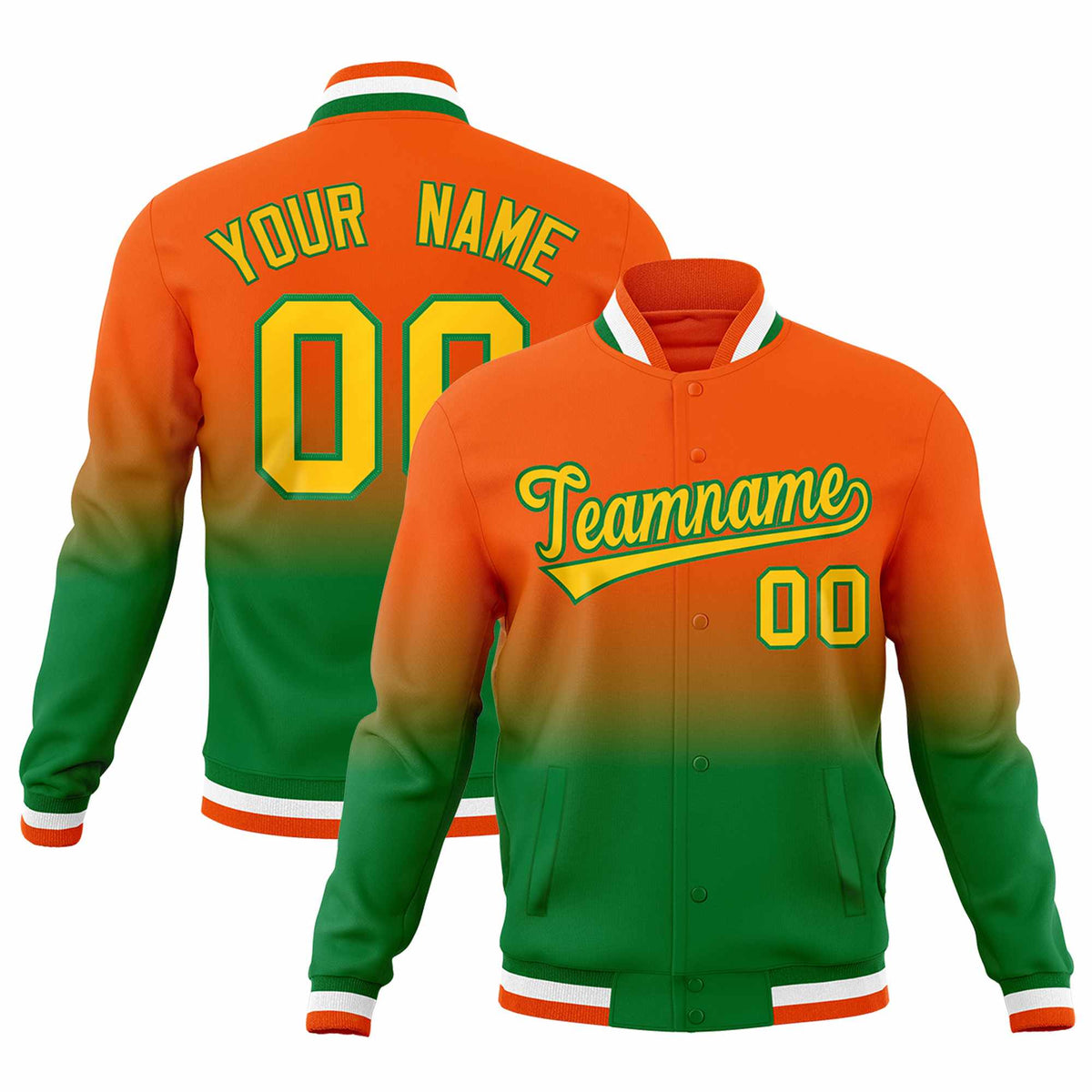 Custom Kelly Green Orange Full-Snap Varsity Personalization Gradient Fashion Letterman Jacket| KXKSHOP
