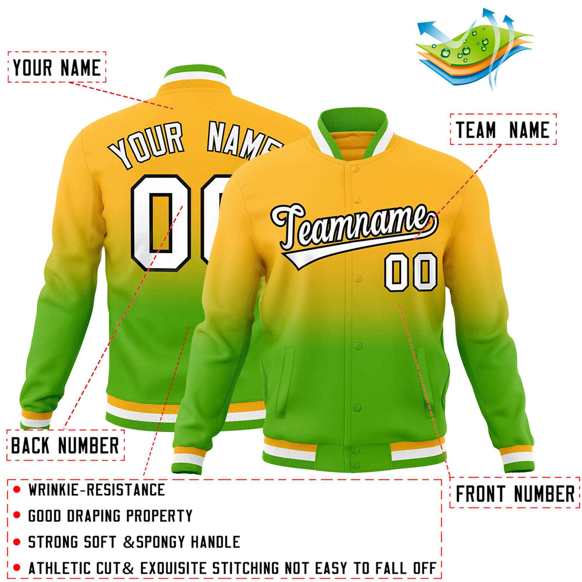Custom Gold Green Full-Snap Varsity Personalization Gradient Fashion Letterman Jacket| KXKSHOP