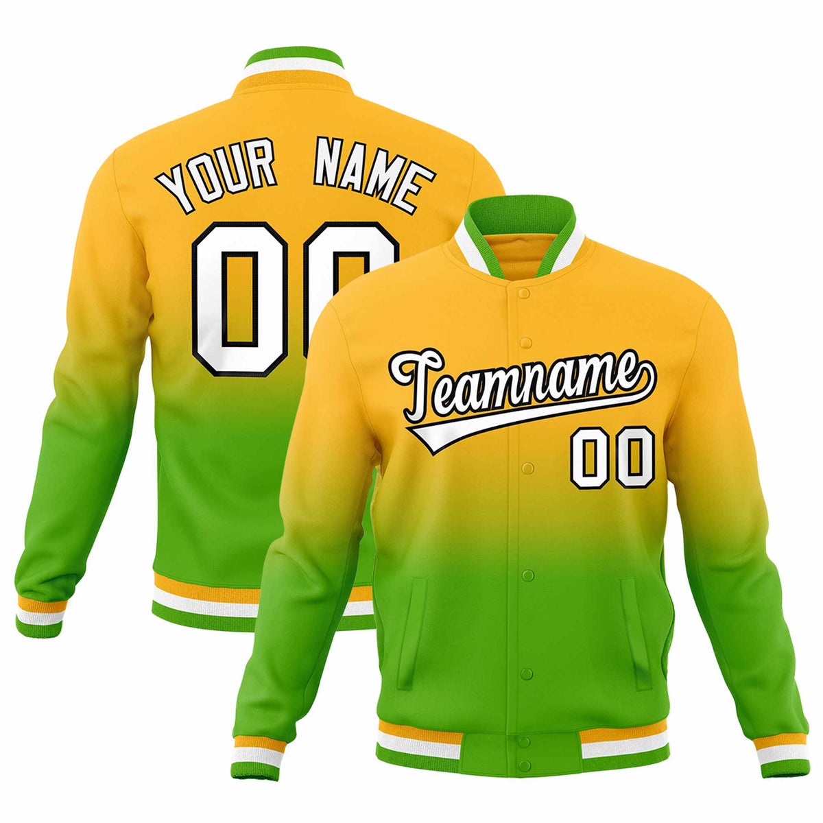 Custom Gold Green Full-Snap Varsity Personalization Gradient Fashion Letterman Jacket| KXKSHOP