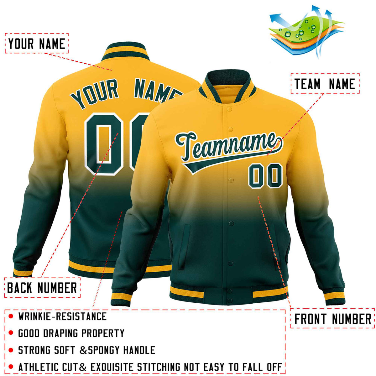 Custom Gold Midnight Green Full-Snap Varsity Personalization Gradient Fashion Letterman Jacket| KXKSHOP