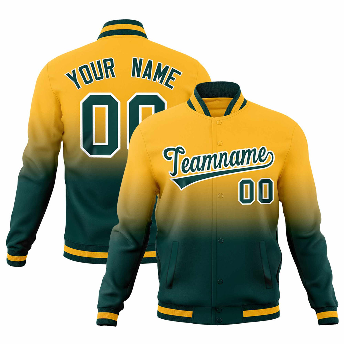 Custom Gold Midnight Green Full-Snap Varsity Personalization Gradient Fashion Letterman Jacket| KXKSHOP