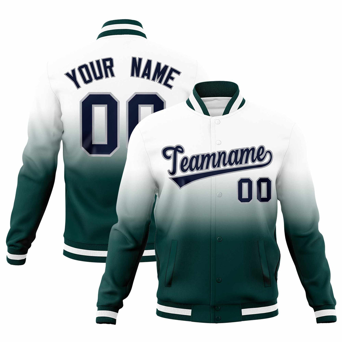 Custom White Midnight Green Full-Snap Varsity Personalization Gradient Fashion Letterman Jacket| KXKSHOP