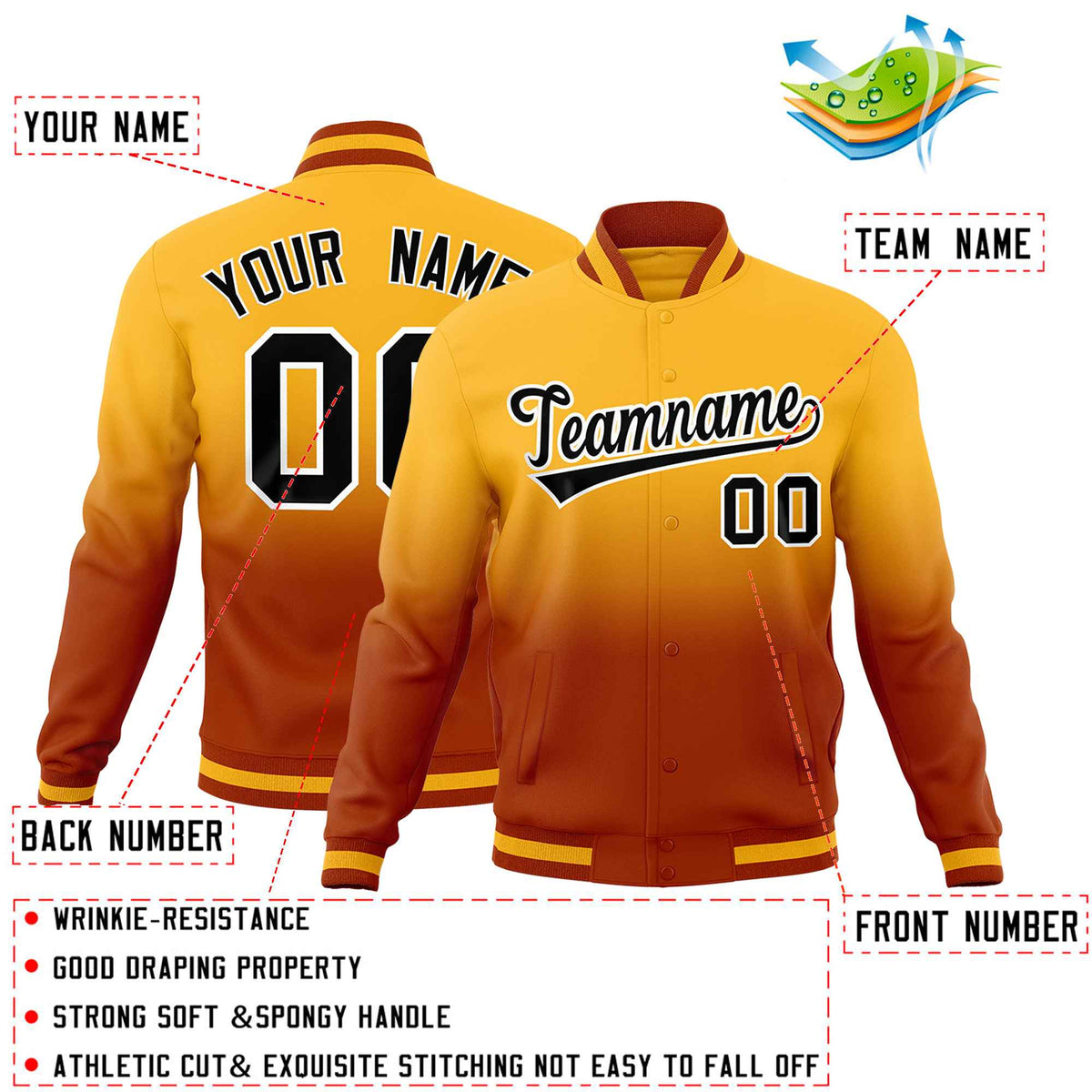 Custom Gold Dark Orange Full-Snap Varsity Personalization Gradient Fashion Letterman Jacket| KXKSHOP
