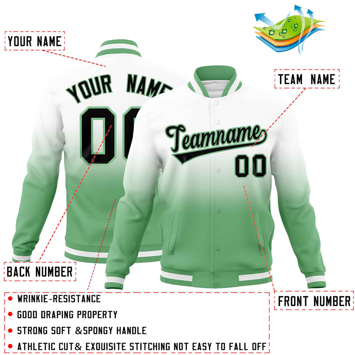 Custom White Green Full-Snap Varsity Personalization Gradient Fashion Letterman Jacket| KXKSHOP