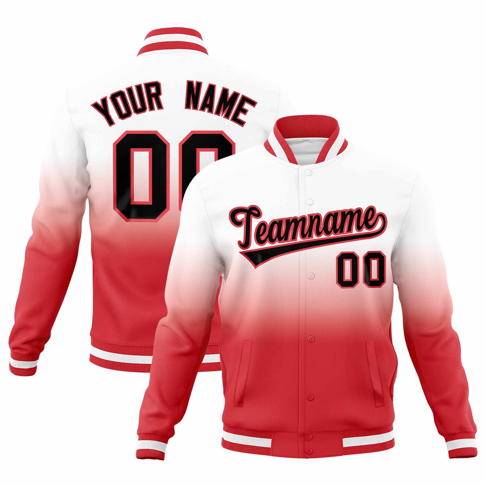 Custom White Light Red Full-Snap Varsity Personalization Gradient Fashion Letterman Jacket| KXKSHOP
