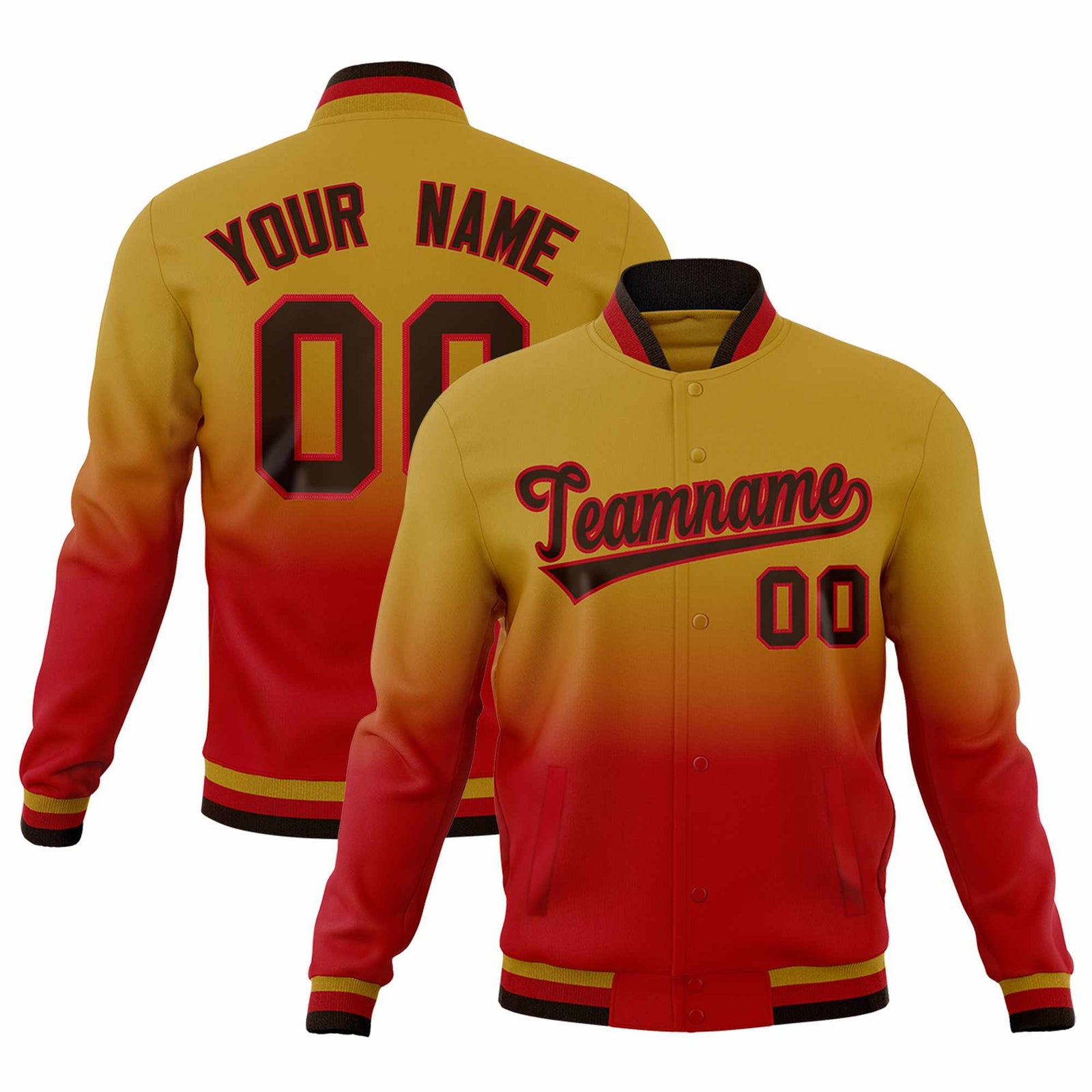 Custom Old Gold Red Full-Snap Varsity Personalization Gradient Fashion Letterman Jacket| KXKSHOP