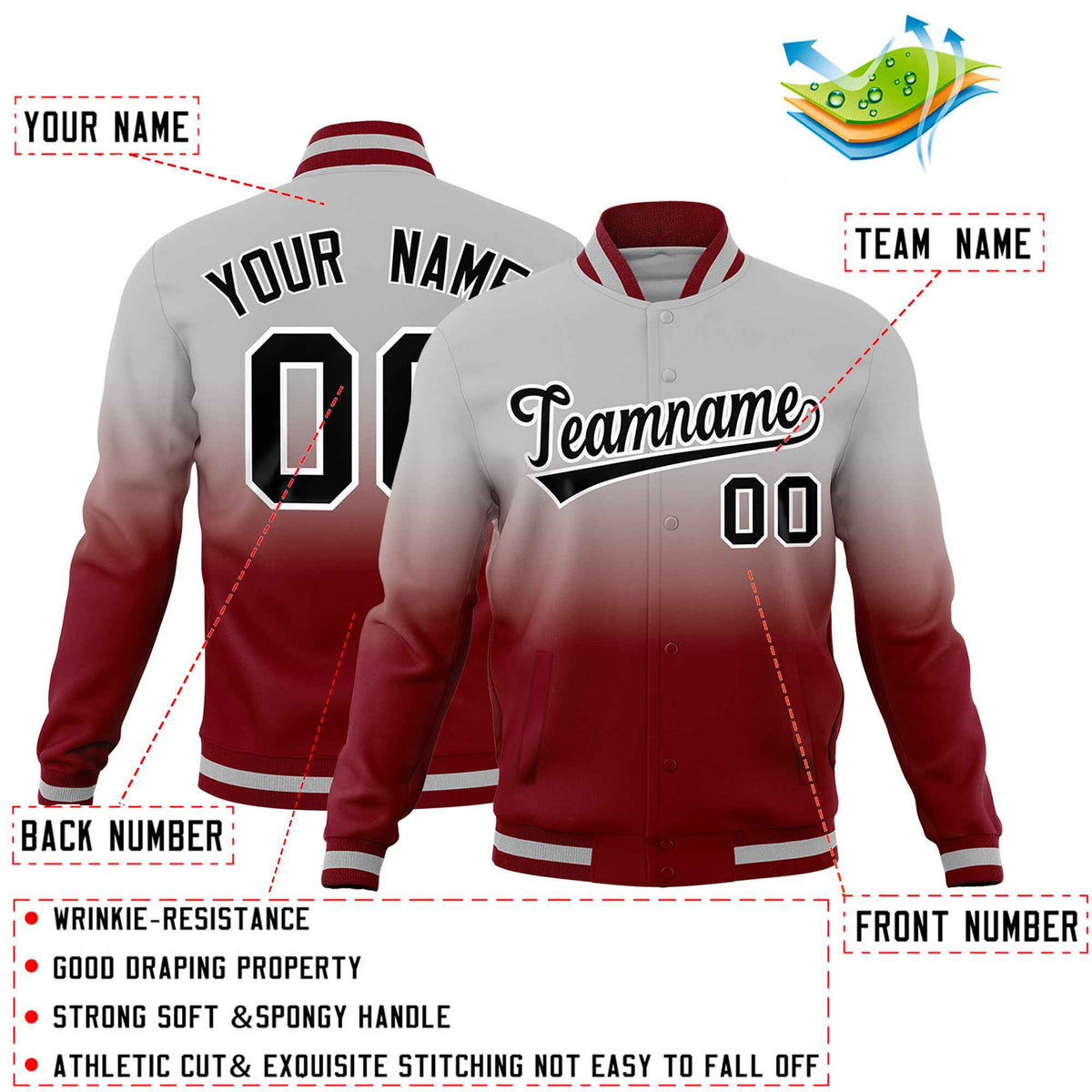 Custom Gray Crimson Full-Snap Varsity Personalization Gradient Fashion Letterman Jacket| KXKSHOP