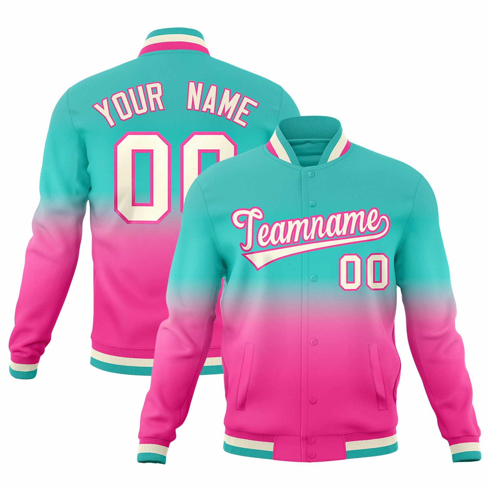 Custom Pink Bright Green Full-Snap Varsity Personalization Gradient Fashion Letterman Jacket| KXKSHOP