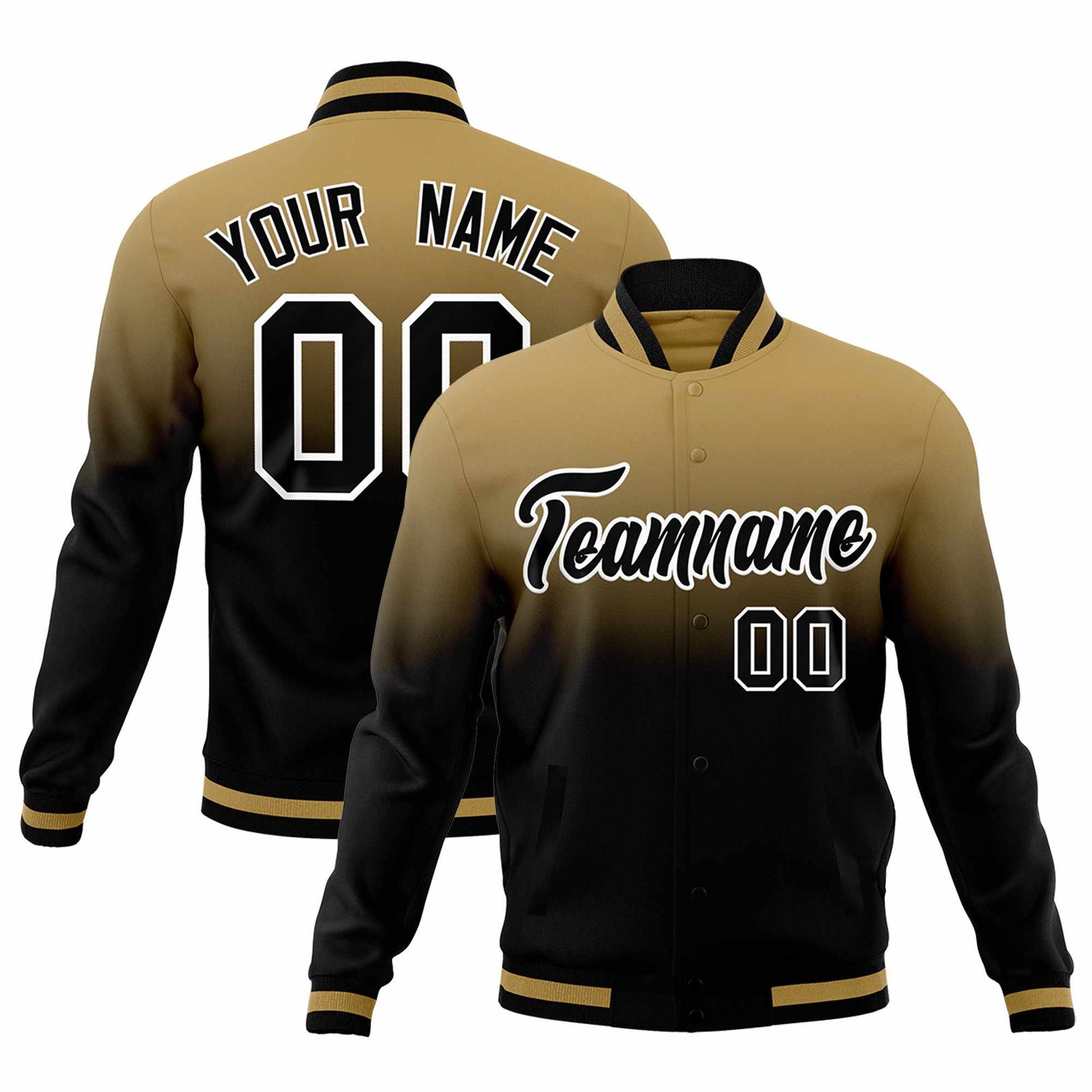 Custom Old Gold Black Full-Snap Varsity Personalization Gradient Fashion Letterman Jacket