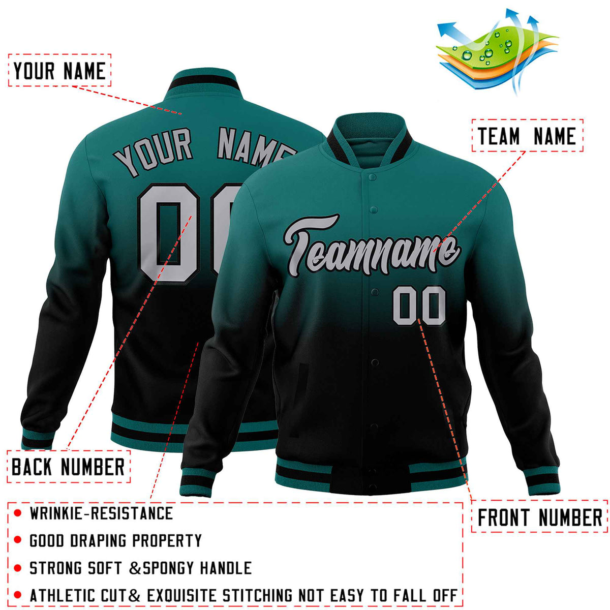 Custom Teal Black Full-Snap Varsity Personalization Gradient Fashion Letterman Jacket