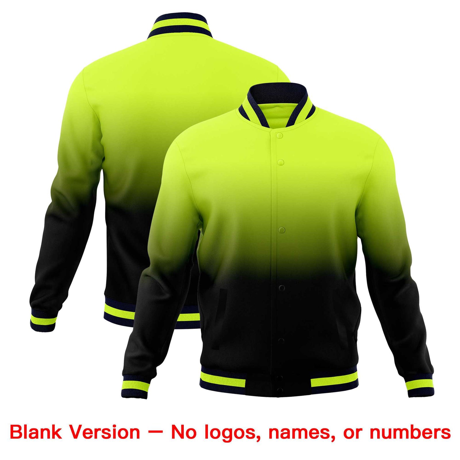 Custom Neon Green Navy Full-Snap Varsity Personalization Gradient Fashion Letterman Jacket