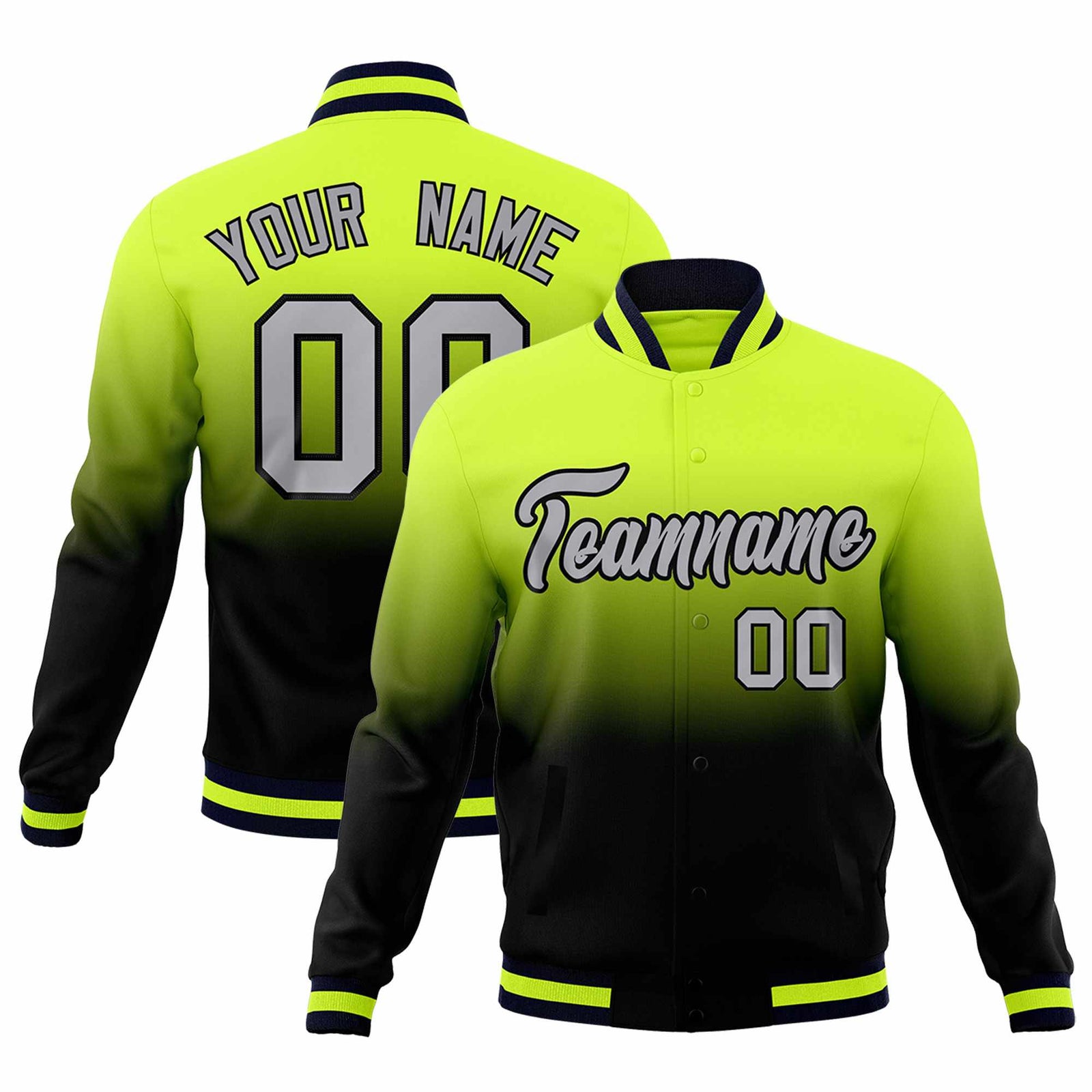Custom Neon Green Navy Full-Snap Varsity Personalization Gradient Fashion Letterman Jacket
