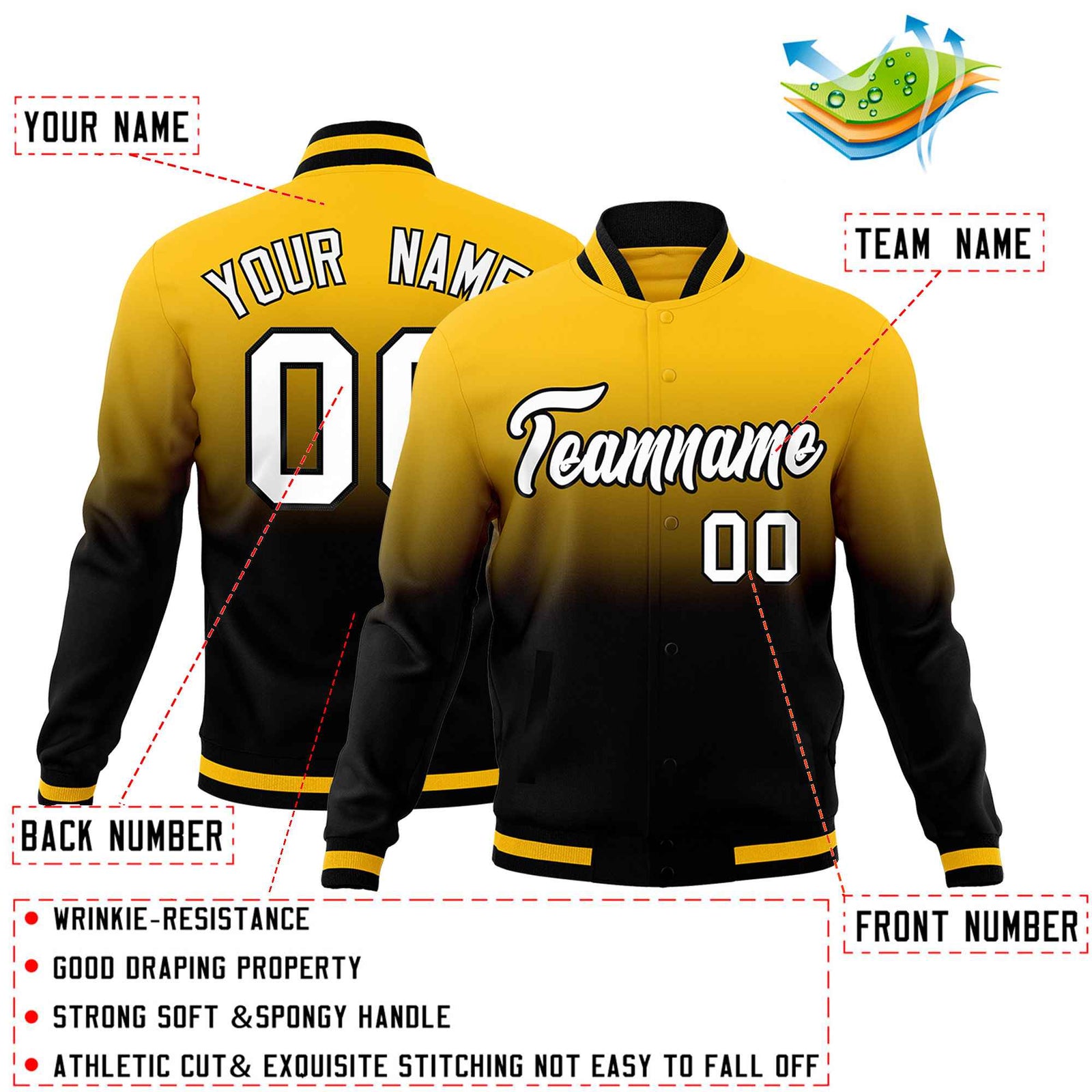 Custom Yellow Black Full-Snap Varsity Personalization Gradient Fashion Letterman Jacket