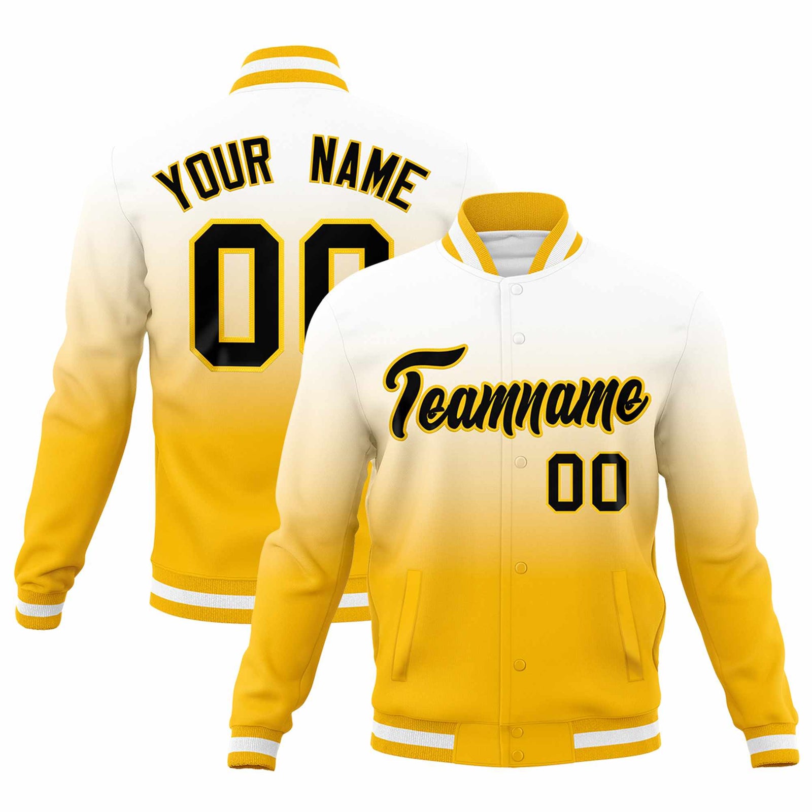 Custom Yellow White Full-Snap Varsity Personalization Gradient Fashion Letterman Jacket