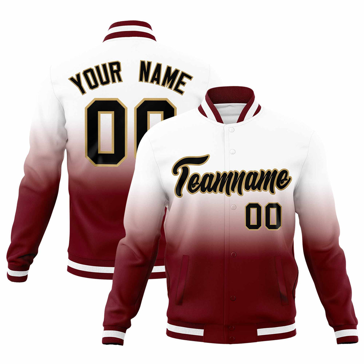 Custom White Crimson Full-Snap Varsity Personalization Gradient Fashion Letterman Jacket