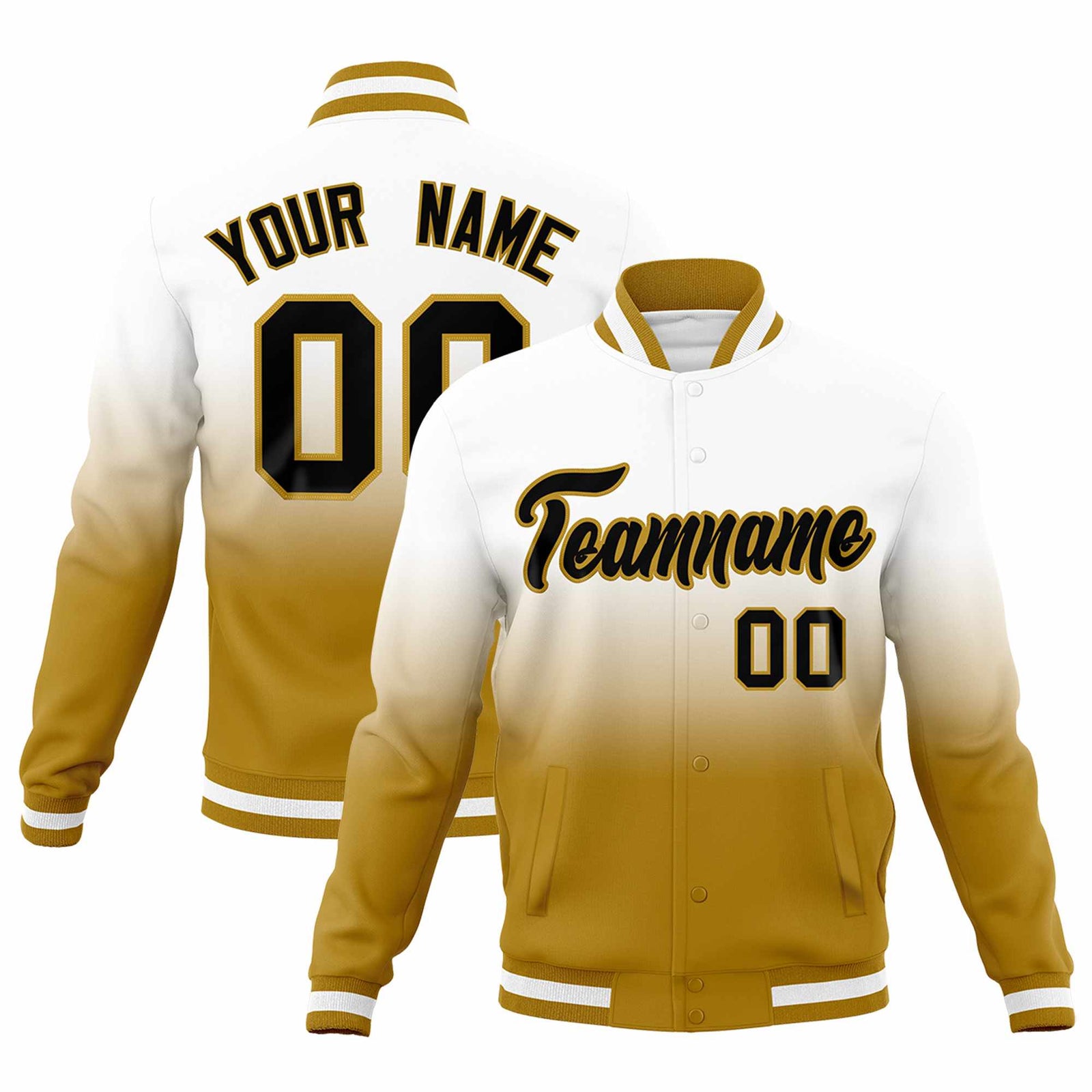 Custom White Old Gold Full-Snap Varsity Personalization Gradient Fashion Letterman Jacket