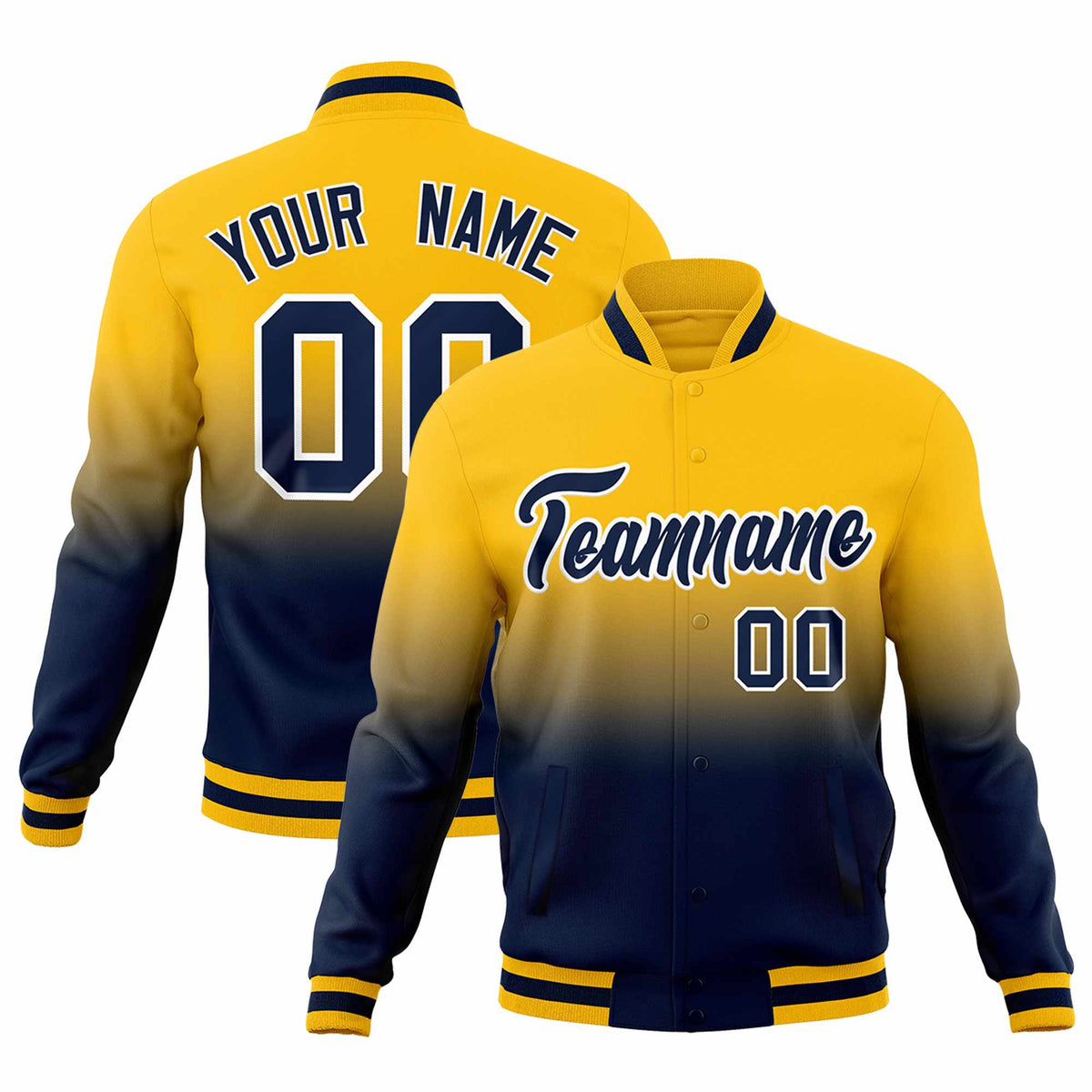Custom Yellow Navy Full-Snap Varsity Personalization Gradient Fashion Letterman Jacket