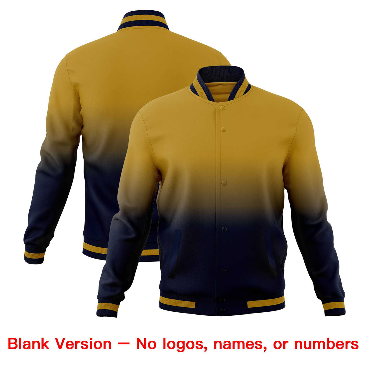 Custom Old Gold Navy Full-Snap Varsity Personalization Gradient Fashion Letterman Jacket