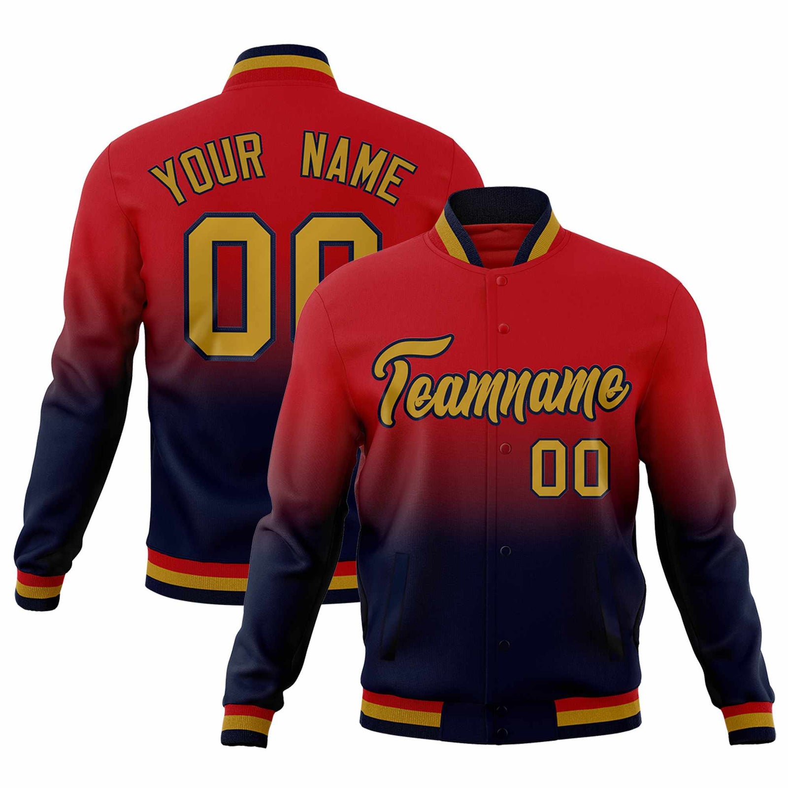 Custom Red Navy Full-Snap Varsity Personalization Gradient Fashion Letterman Jacket