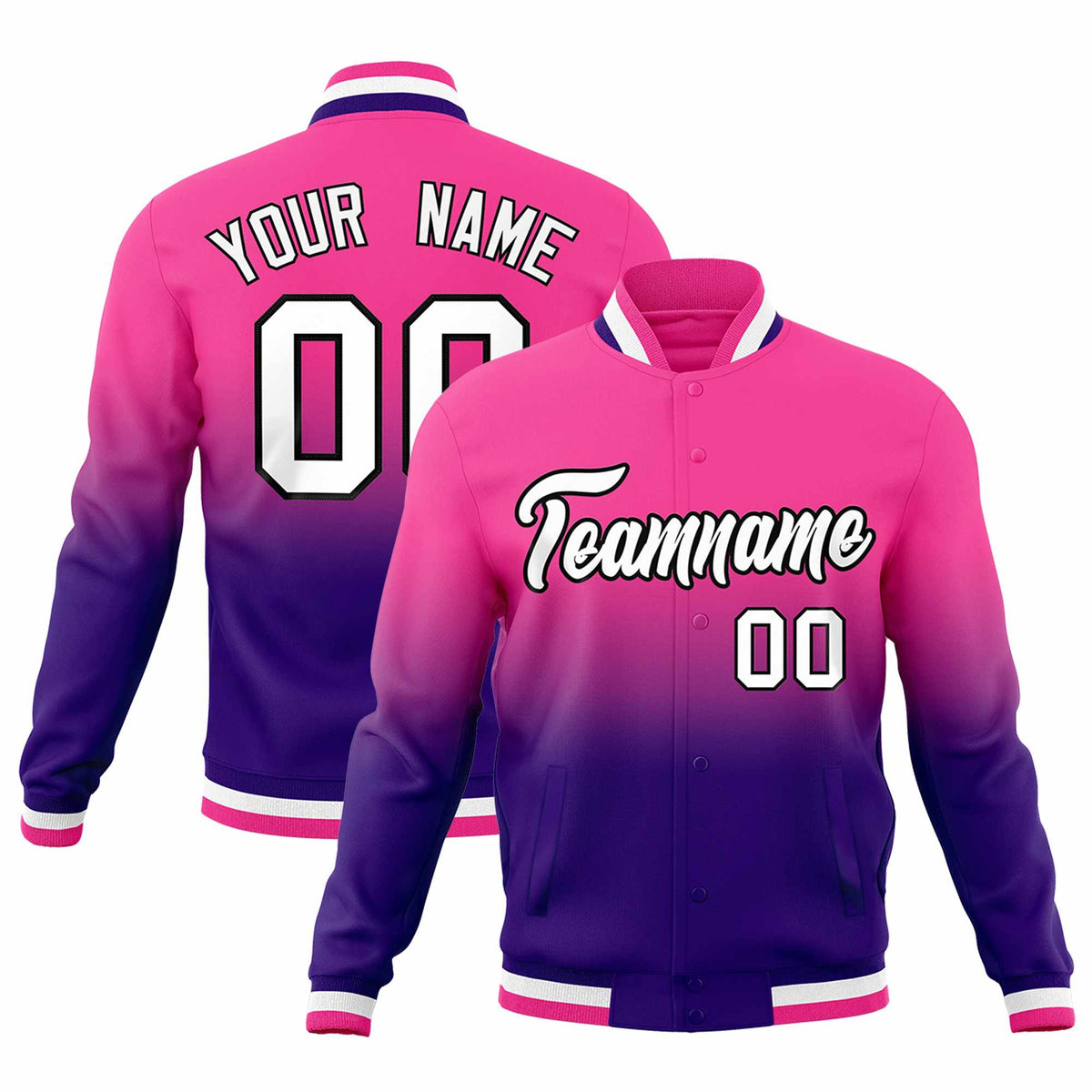 Custom Purple Pink Full-Snap Varsity Personalization Gradient Fashion Letterman Jacket