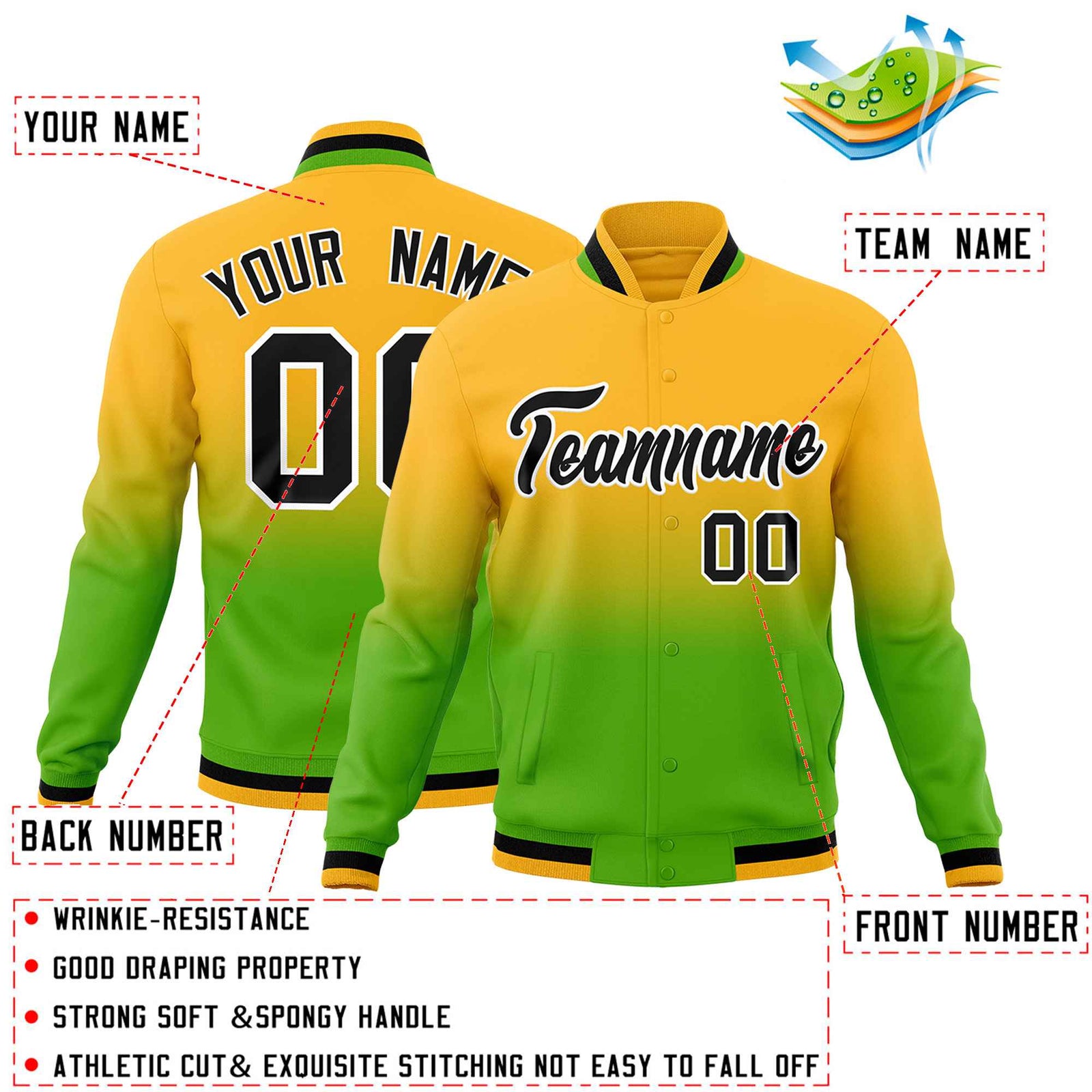 Custom Yellow Green Full-Snap Varsity Personalization Gradient Fashion Letterman Jacket