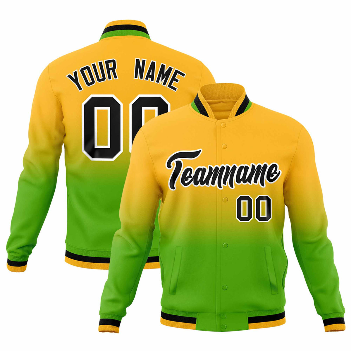 Custom Yellow Green Full-Snap Varsity Personalization Gradient Fashion Letterman Jacket