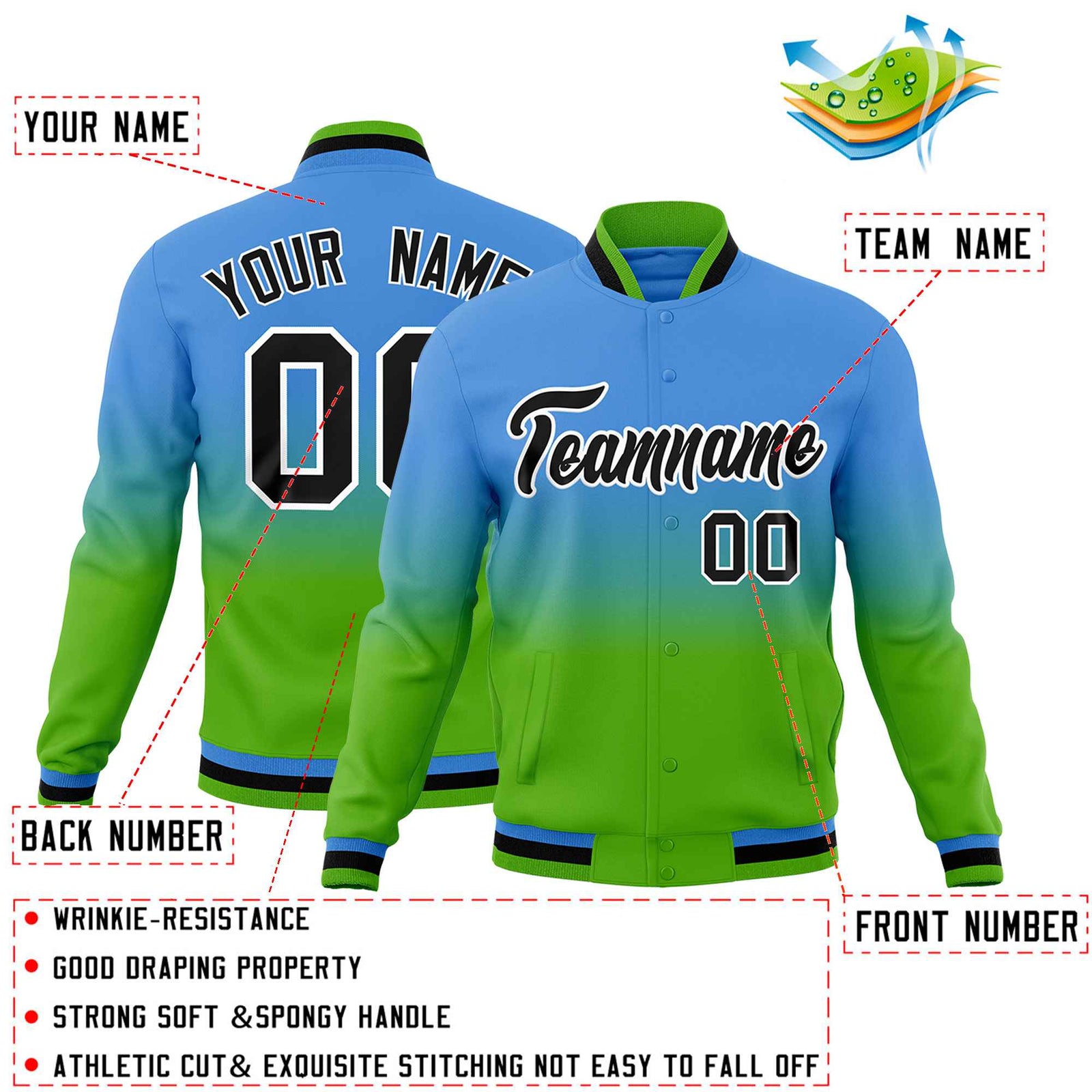 Custom Powder Blue Green Full-Snap Varsity Personalization Gradient Fashion Letterman Jacket