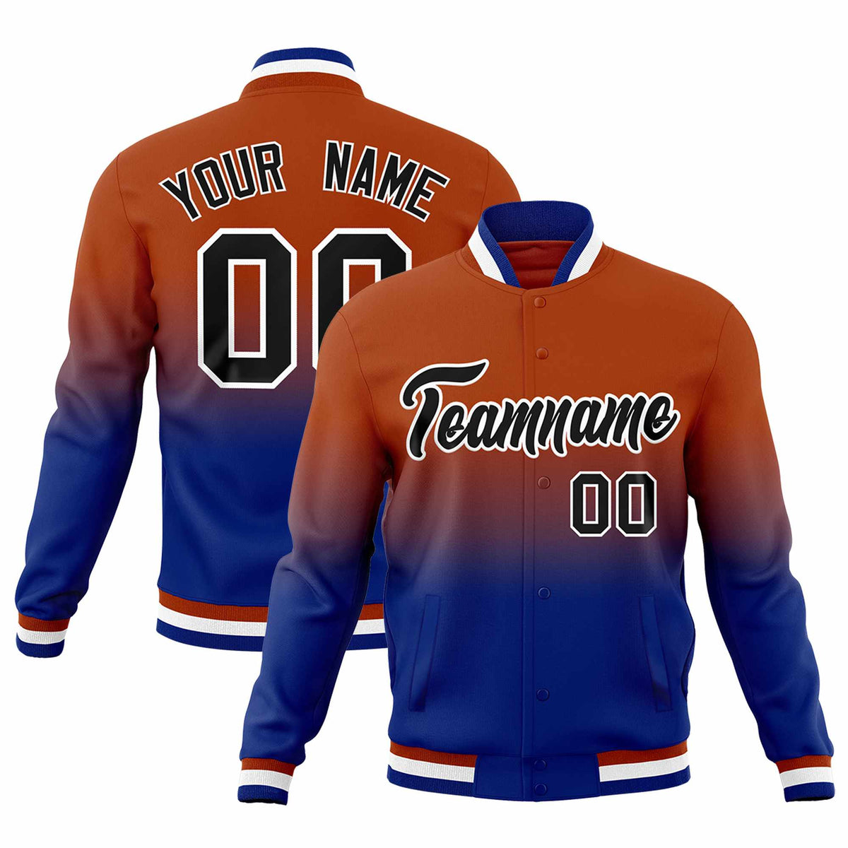 Custom Dark Orange Royal Blue Full-Snap Varsity Personalization Gradient Fashion Letterman Jacket