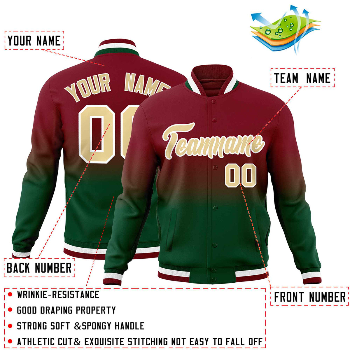 Custom Green Crimson Full-Snap Varsity Personalization Gradient Fashion Letterman Jacket