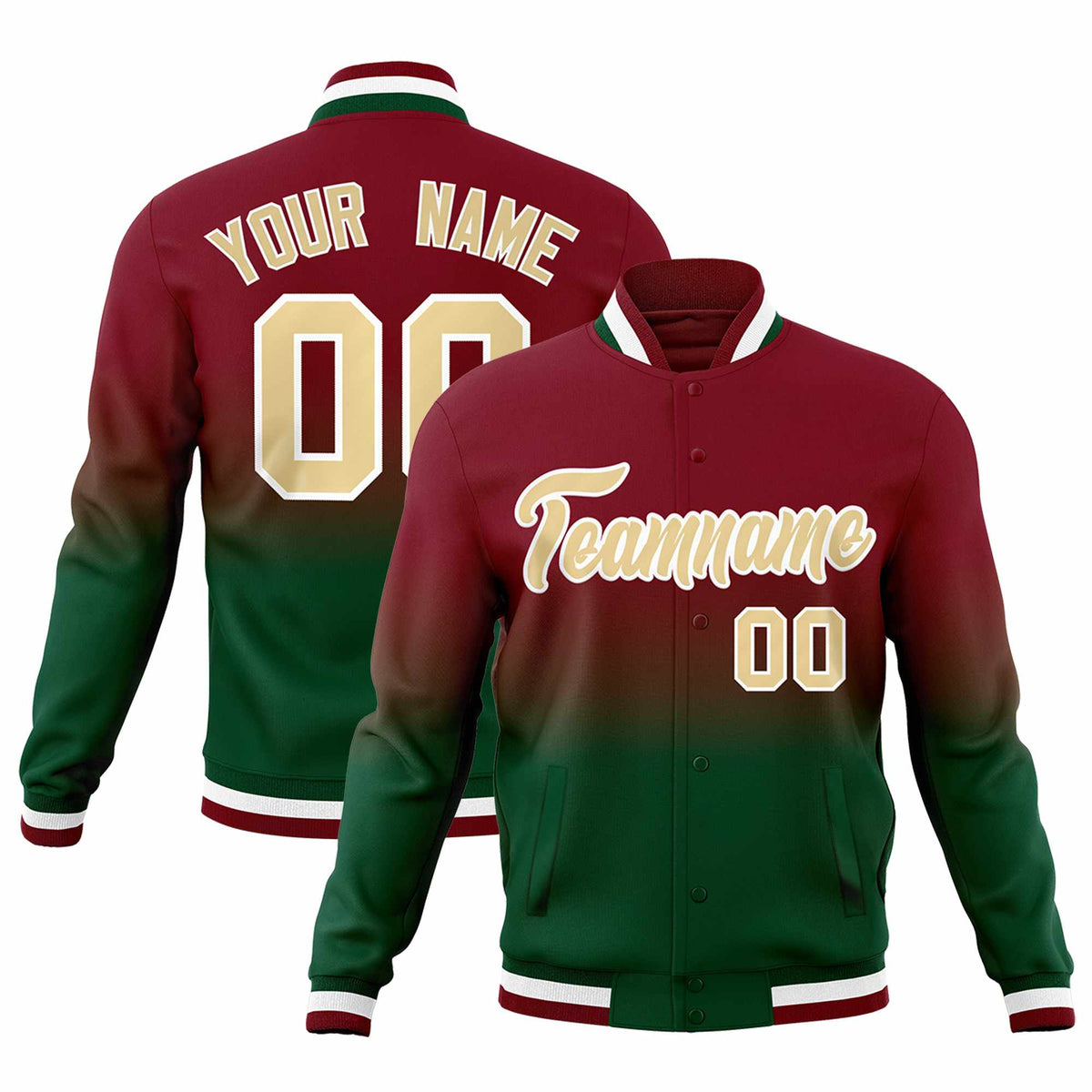 Custom Green Crimson Full-Snap Varsity Personalization Gradient Fashion Letterman Jacket