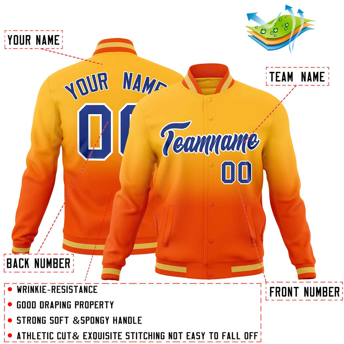 Custom Orange Gold Full-Snap Varsity Personalization Gradient Fashion Letterman Jacket