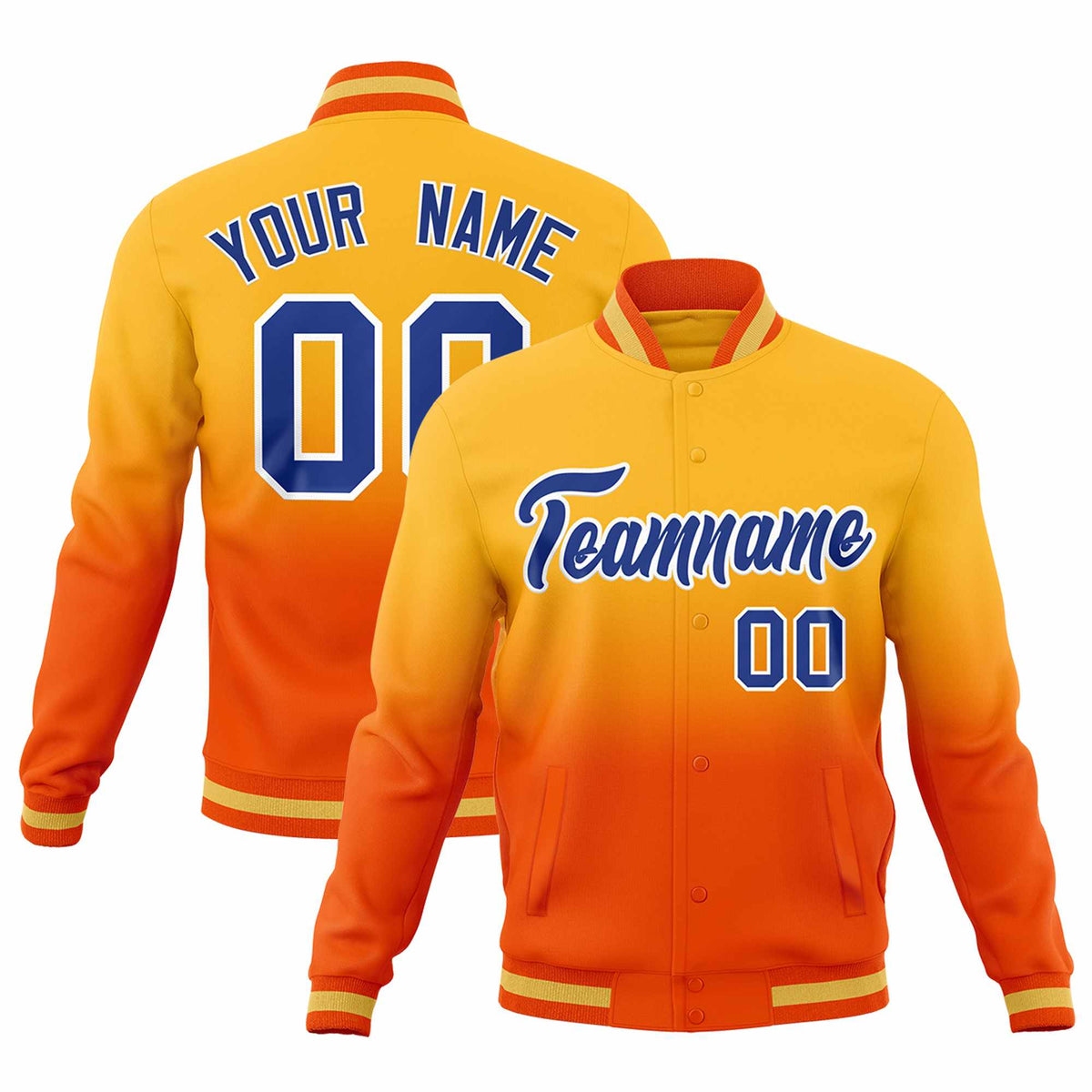 Custom Orange Gold Full-Snap Varsity Personalization Gradient Fashion Letterman Jacket