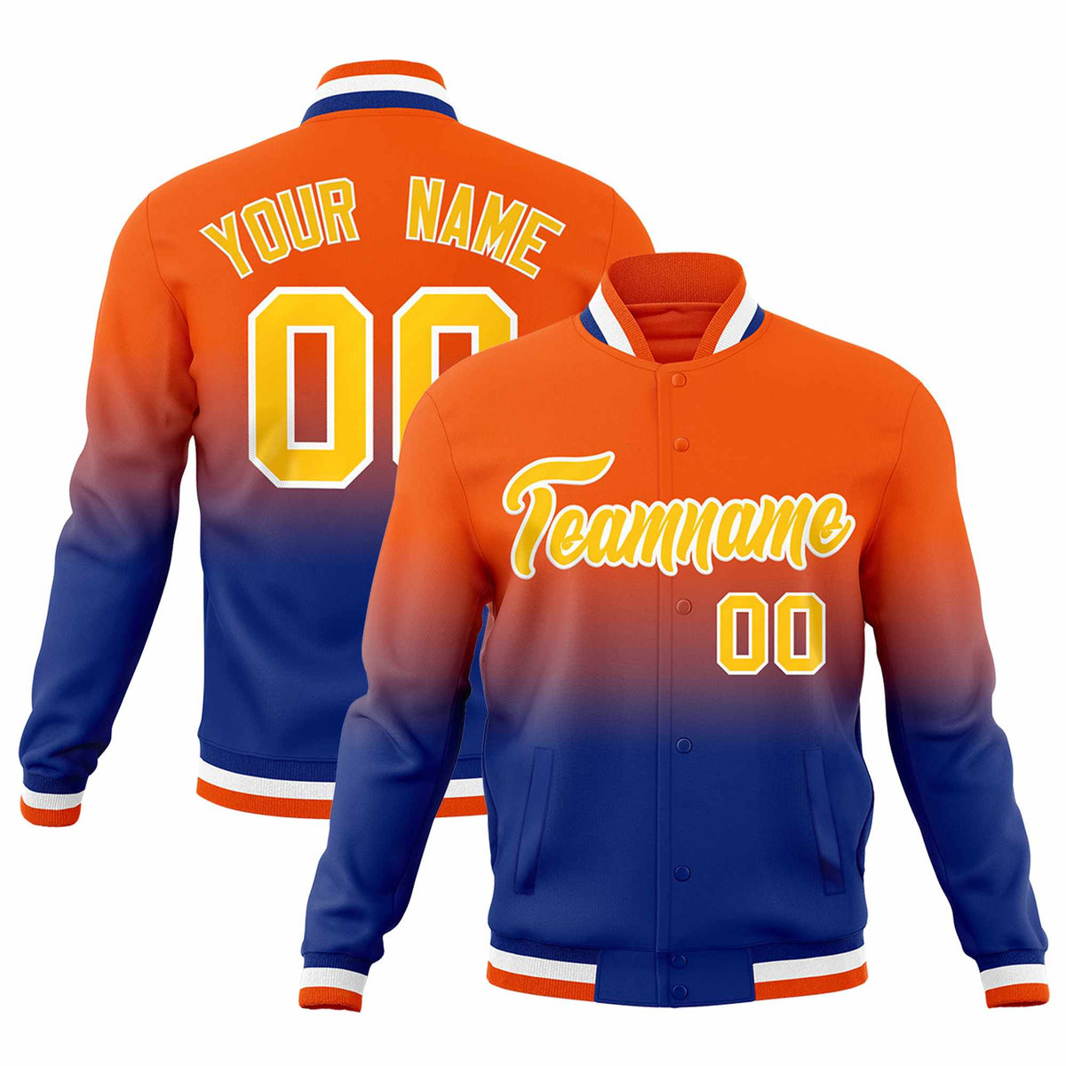 Custom Orange Royal Full-Snap Varsity Personalization Gradient Fashion Letterman Jacket