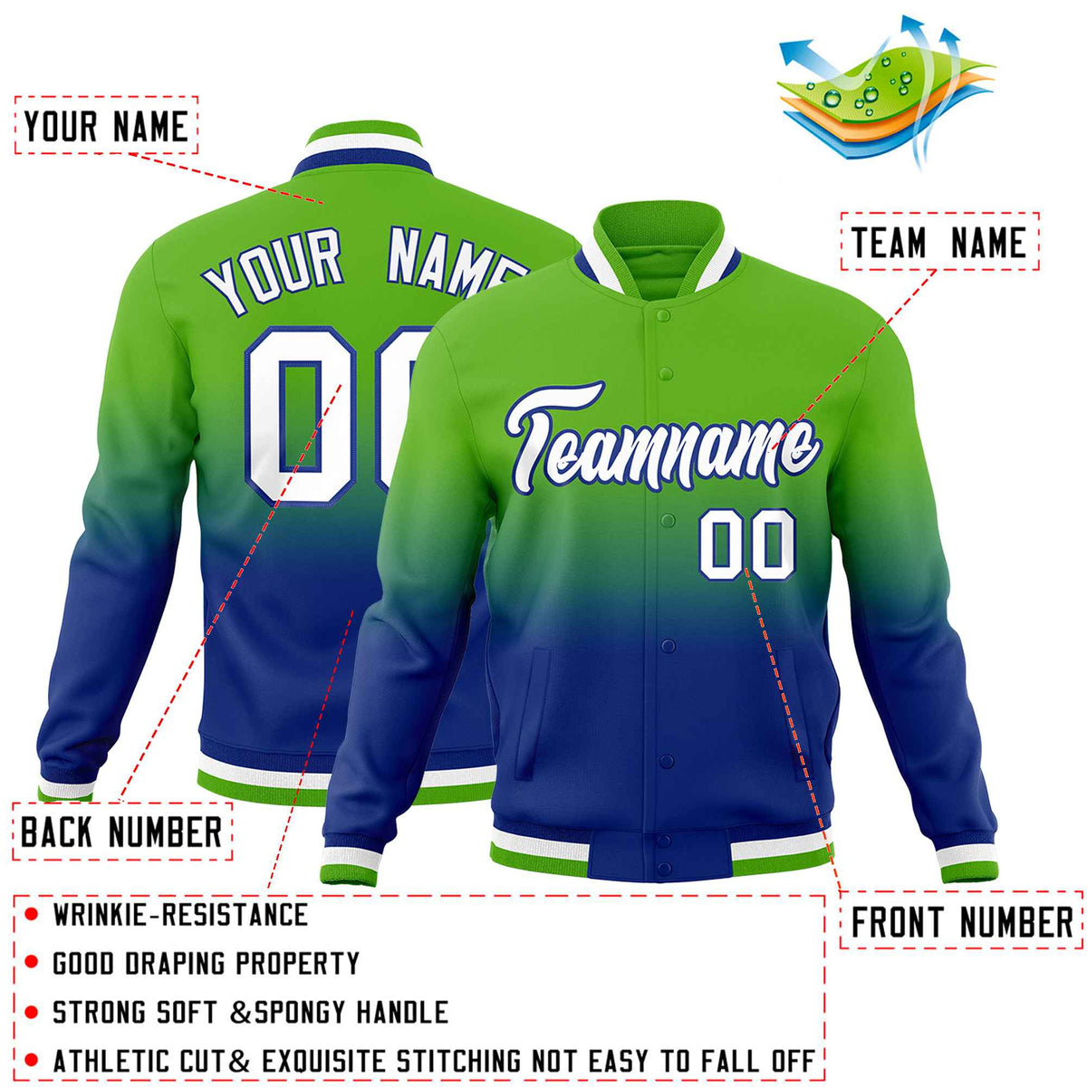 Custom Royal Green Full-Snap Varsity Personalization Gradient Fashion Letterman Jacket