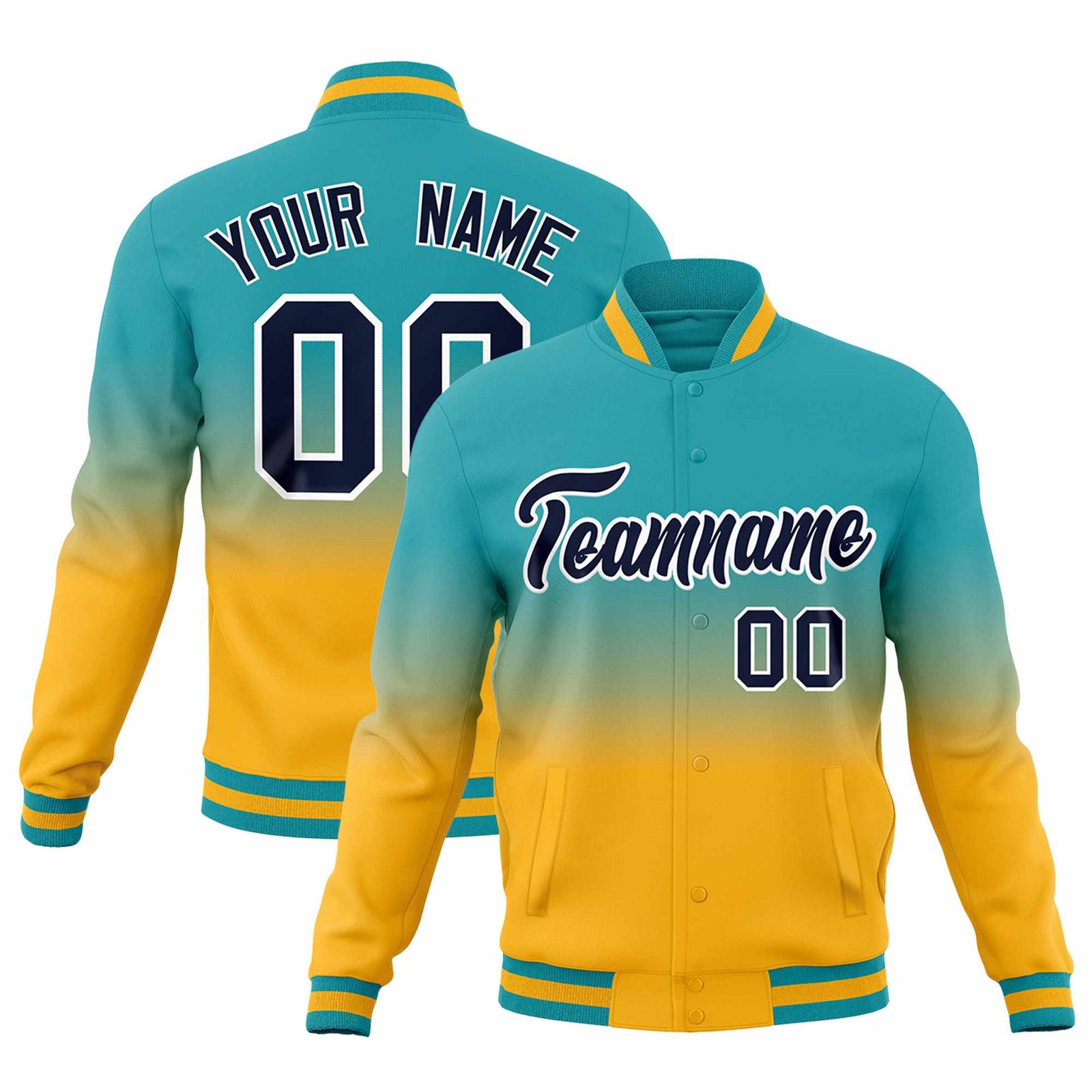 Custom Aqua Gold Full-Snap Varsity Personalization Gradient Fashion Letterman Jacket