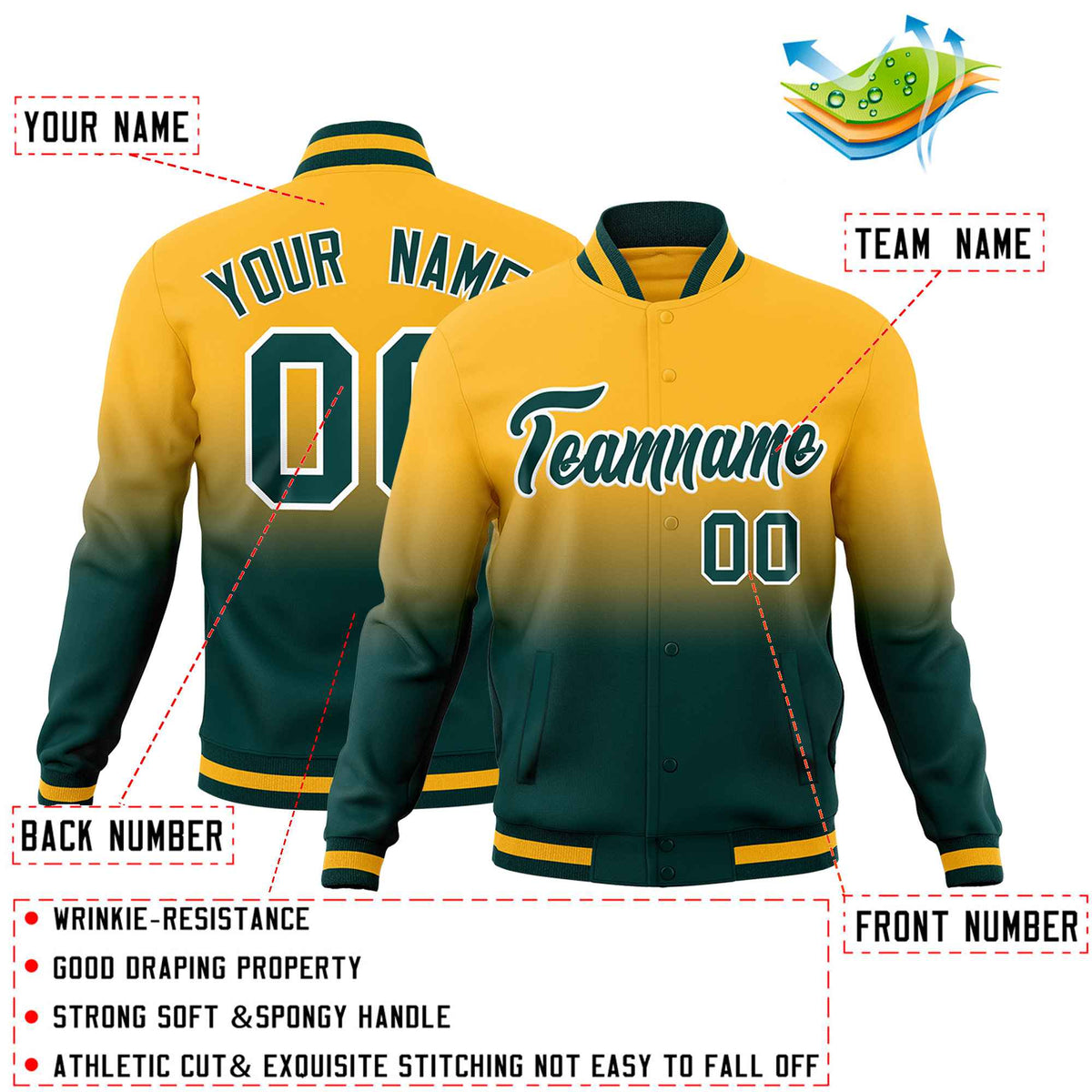 Custom Gold Midnight Green Full-Snap Varsity Personalization Gradient Fashion Letterman Jacket