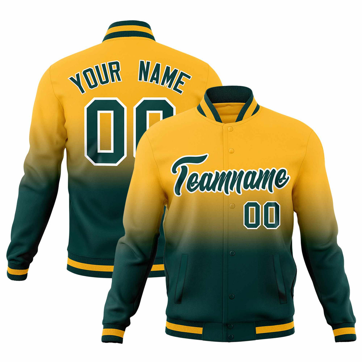 Custom Gold Midnight Green Full-Snap Varsity Personalization Gradient Fashion Letterman Jacket