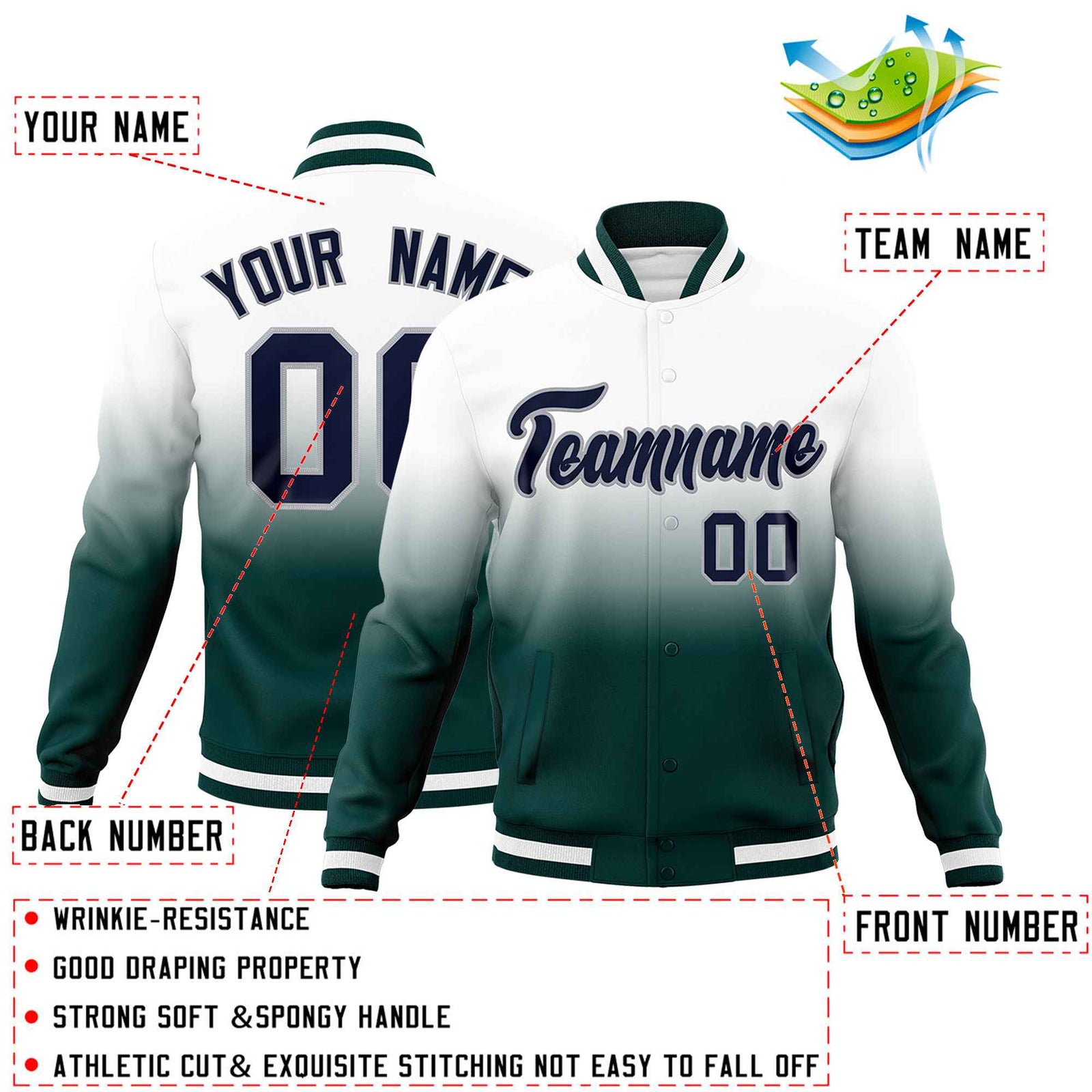 Custom White Midnight Green Full-Snap Varsity Personalization Gradient Fashion Letterman Jacket