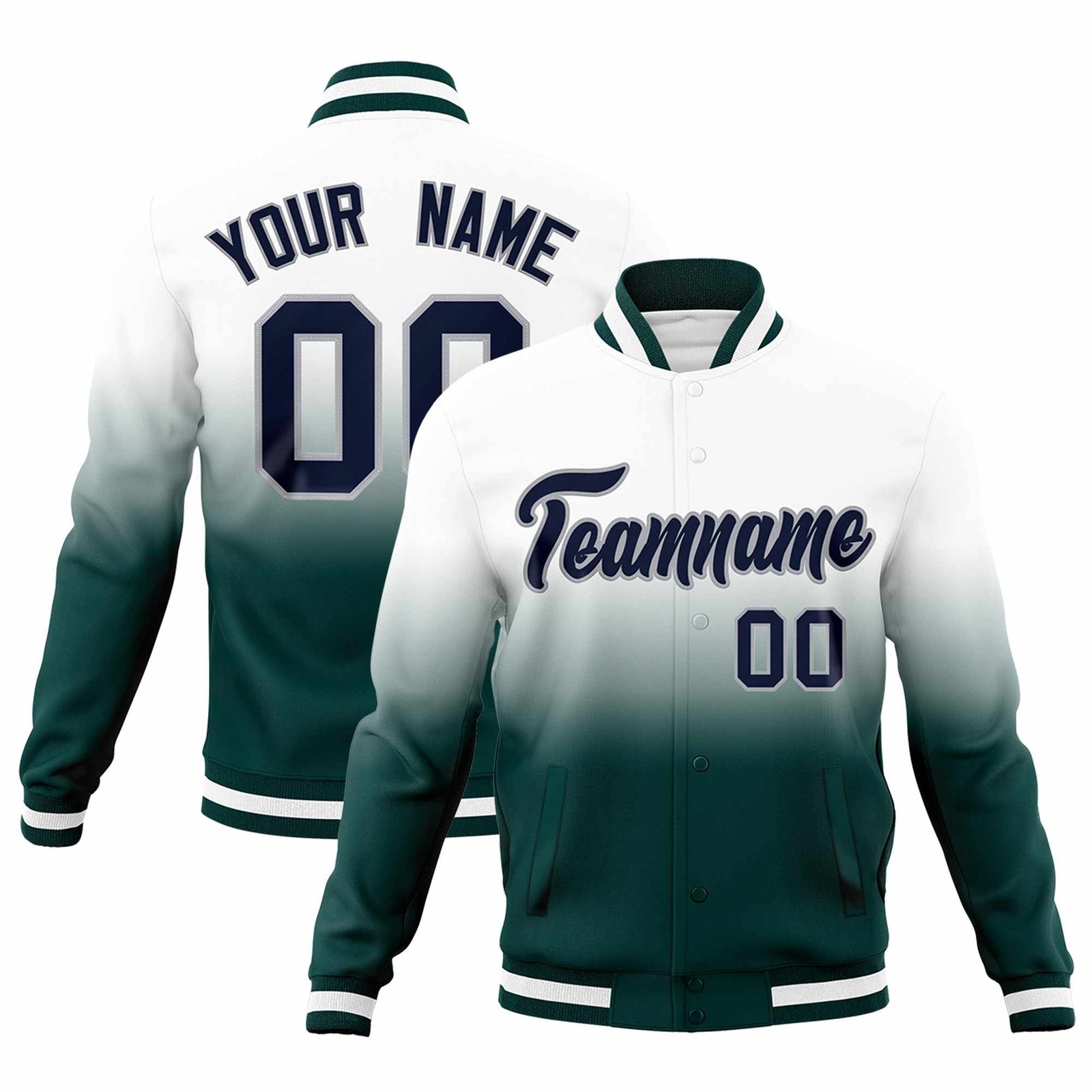 Custom White Midnight Green Full-Snap Varsity Personalization Gradient Fashion Letterman Jacket