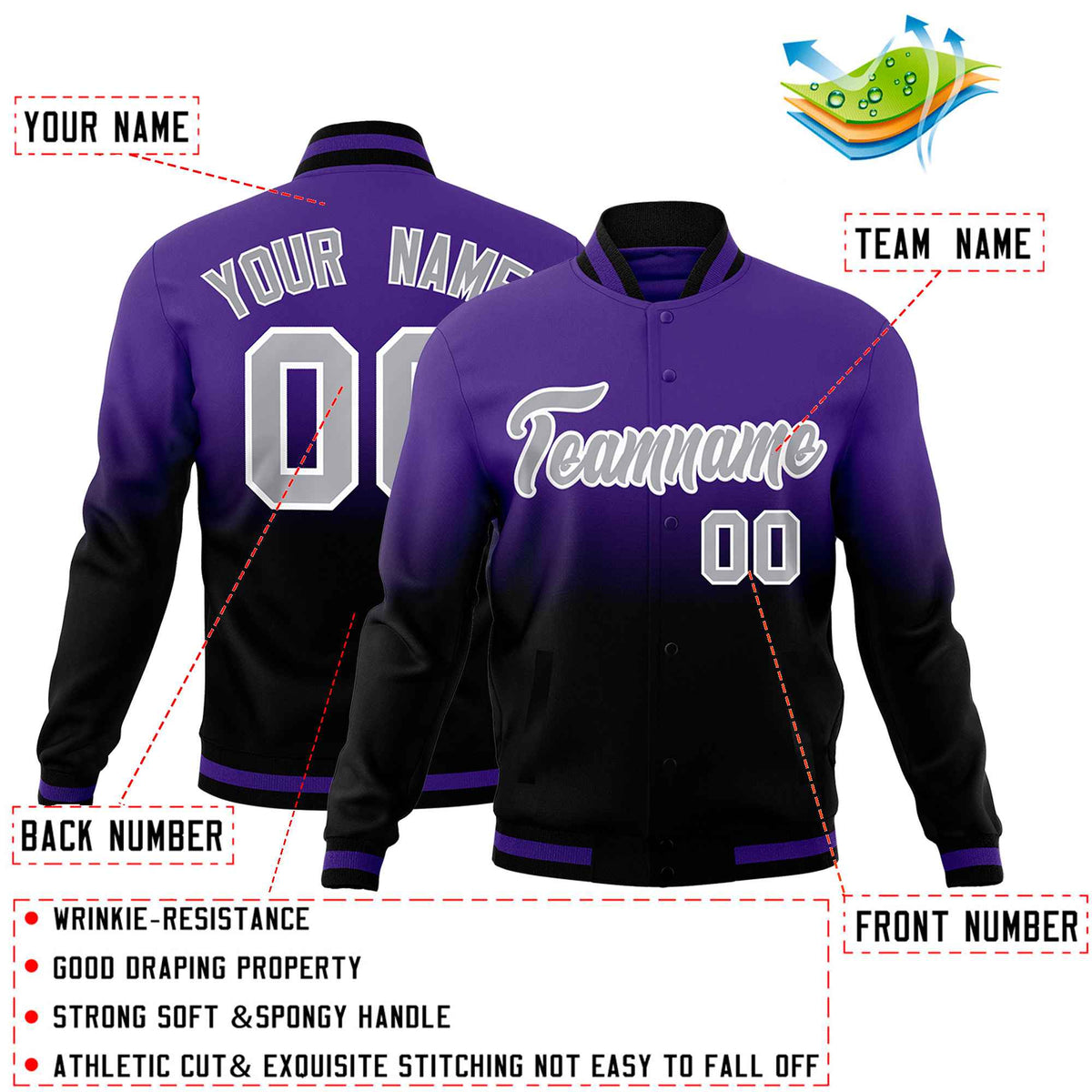 Custom Purple Black Full-Snap Varsity Personalization Gradient Fashion Letterman Jacket