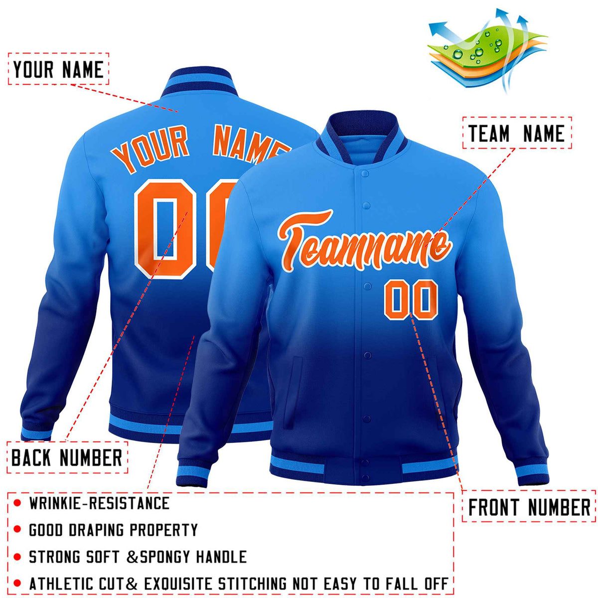 Custom Powder Blue Royal Full-Snap Varsity Personalization Gradient Fashion Letterman Jacket