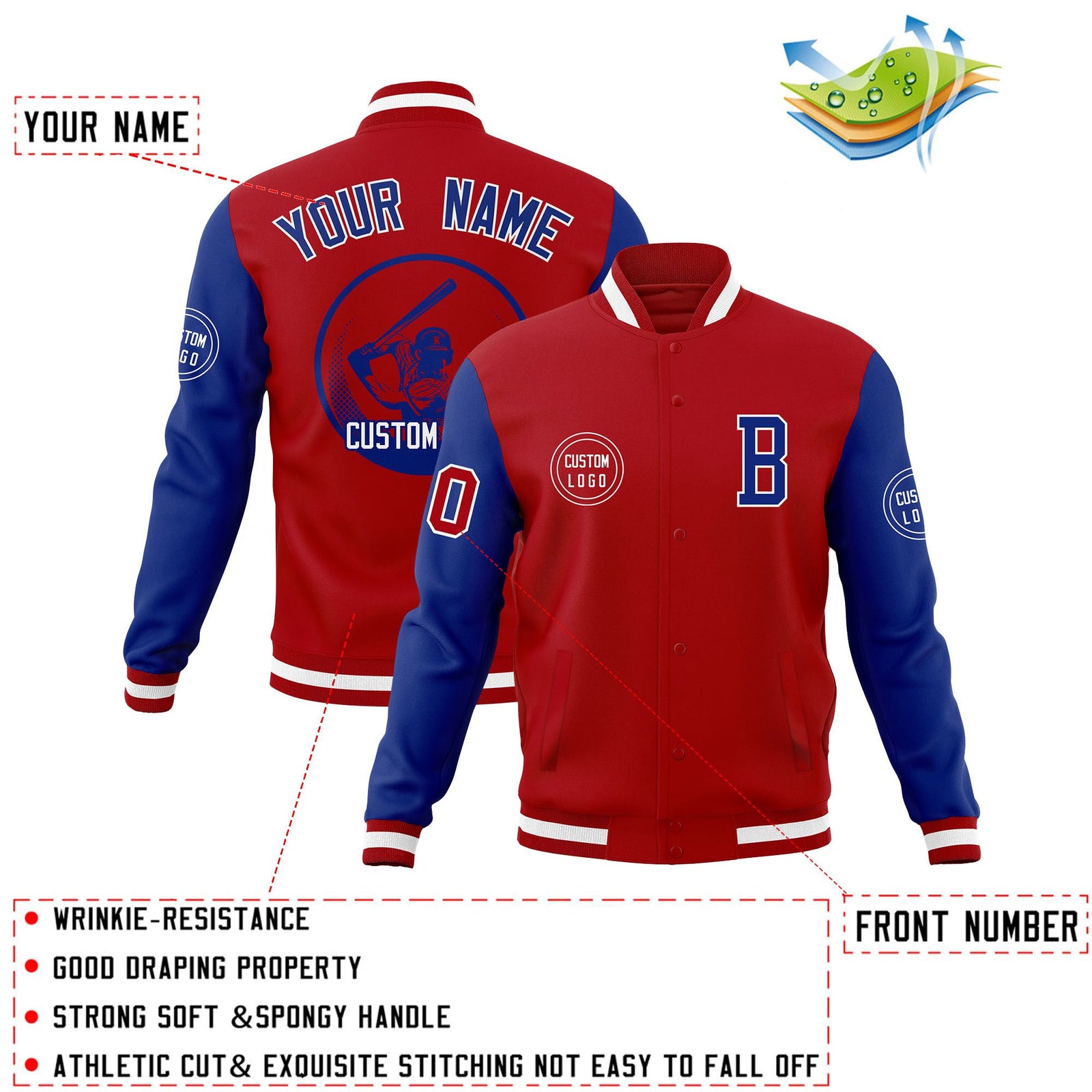 Custom Red Royal Raglan Sleeves Full-Snap Varsity Personalized Letterman Baseball Coats Jacket