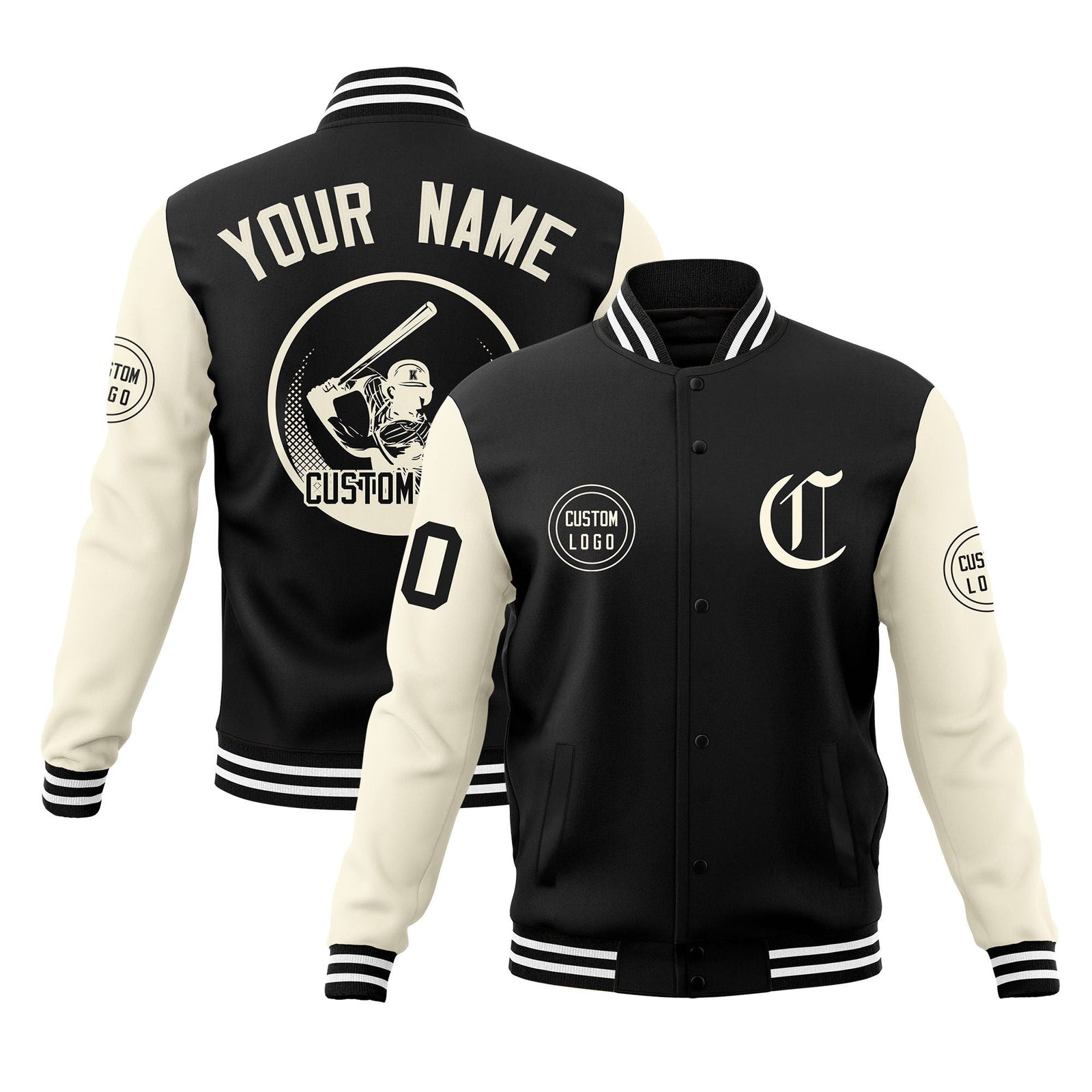 Custom Black Cream Raglan Sleeves Full-Snap Varsity Personalized Letterman Baseball Coats Jacket