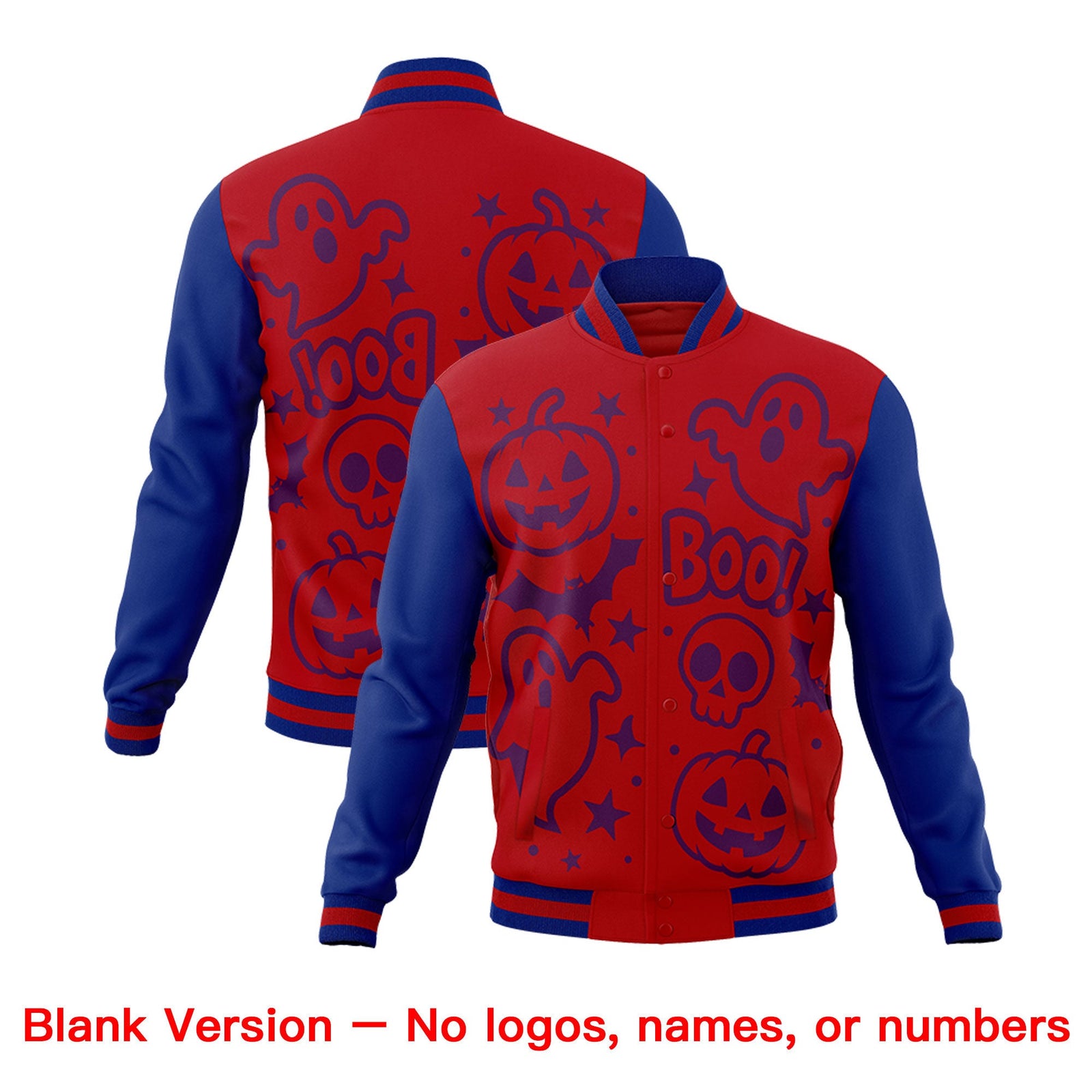 Custom Royal Red Royal Blue Bats Pumpkins Ghost Patterns Halloween Letterman Jacket | Custom Letterman Jacket,Add Name and Numbern,Sublimation Printed & Stitched,Perfect for Parties | KXKSHOP