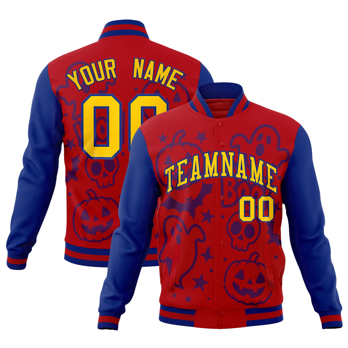 Custom Royal Red Royal Blue Bats Pumpkins Ghost Patterns Halloween Letterman Jacket | Custom Letterman Jacket,Add Name and Numbern,Sublimation Printed &amp; Stitched,Perfect for Parties | KXKSHOP