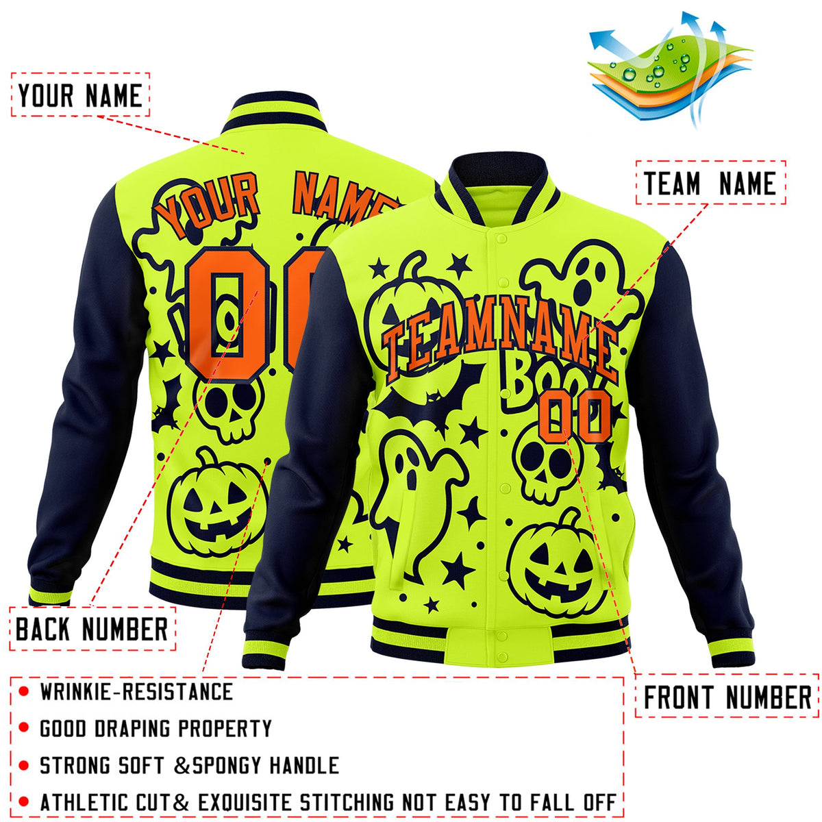 Custom Neon Green Navy Orange Bats Pumpkins Ghost Patterns Halloween Letterman Jacket | Custom Letterman Jacket,Add Name and Numbern,Sublimation Printed & Stitched,Perfect for Parties | KXKSHOP
