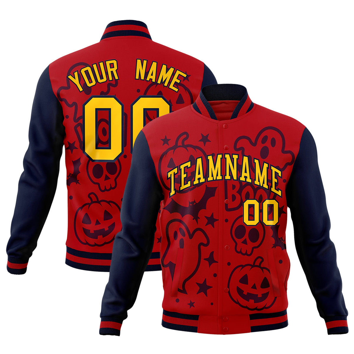Custom Navy Red Gold Bats Pumpkins Ghost Patterns Halloween Letterman Jacket | Custom Letterman Jacket,Add Name and Numbern,Sublimation Printed &amp; Stitched,Perfect for Parties | KXKSHOP