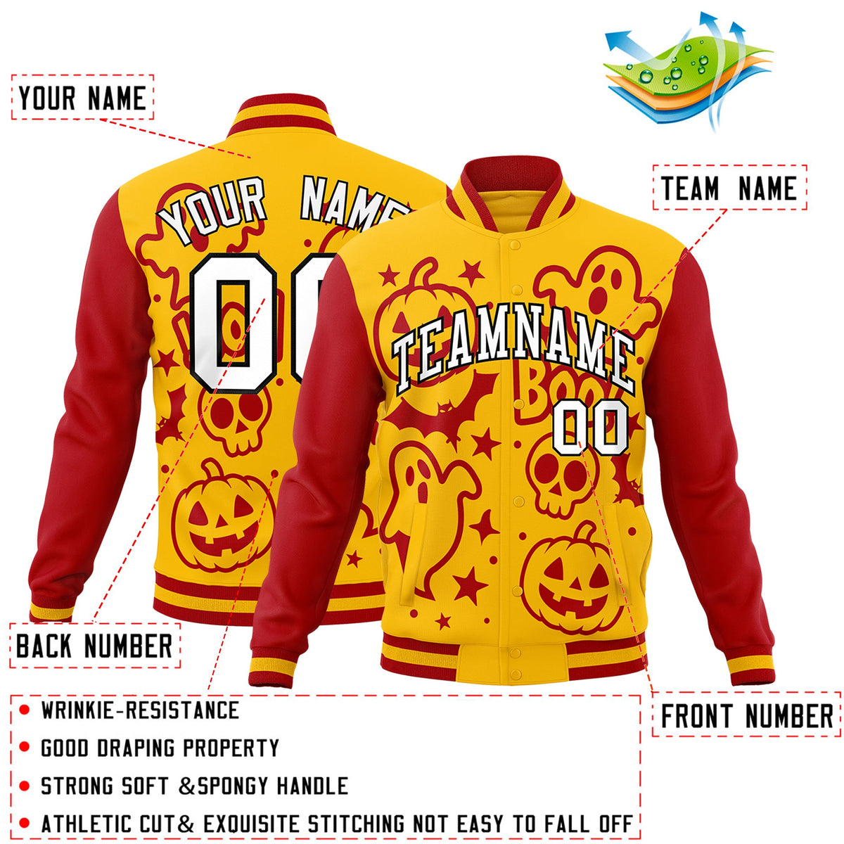Custom Gold Red White Bats Pumpkins Ghost Patterns Halloween Letterman Jacket | Custom Letterman Jacket,Add Name and Numbern,Sublimation Printed &amp; Stitched,Perfect for Parties | KXKSHOP