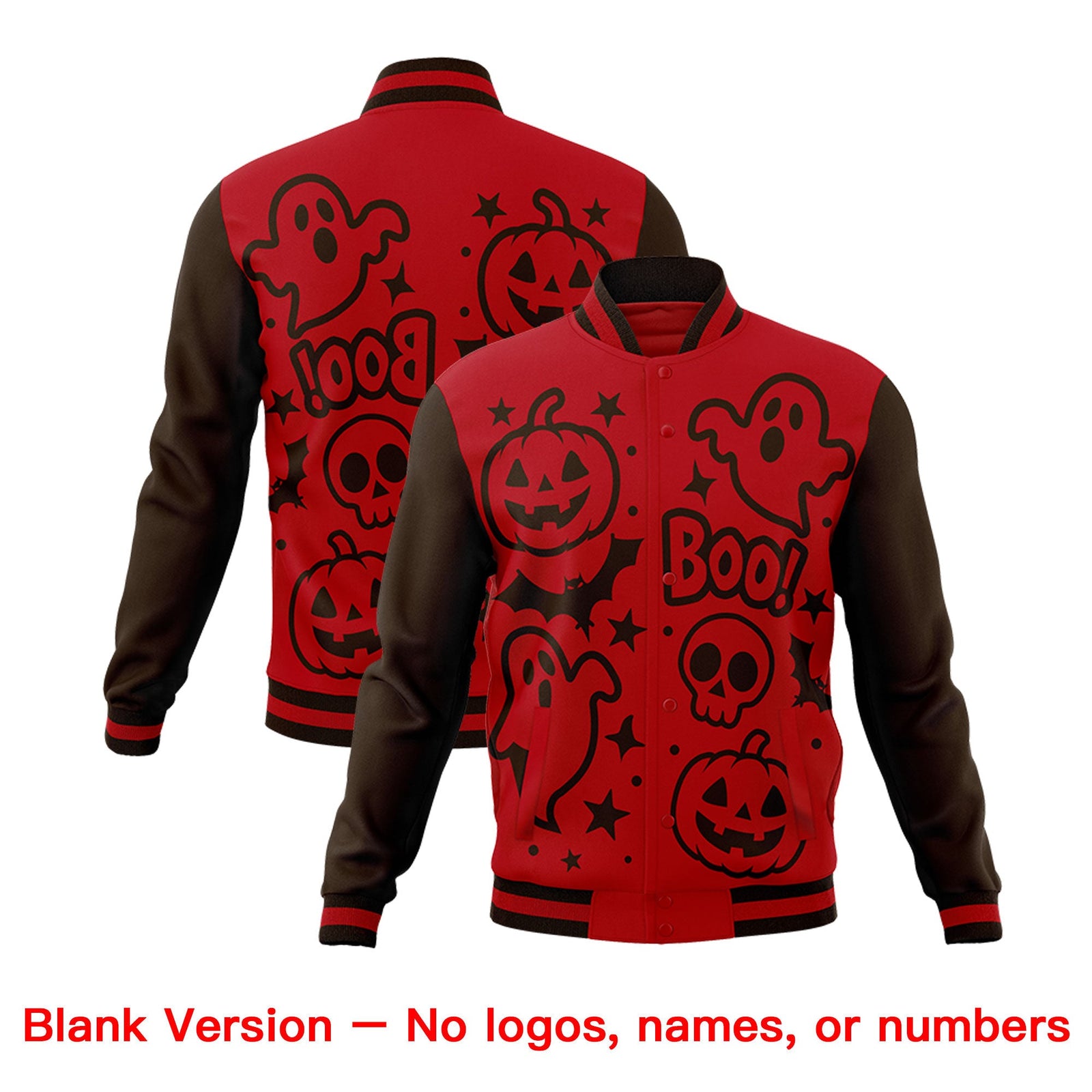 Custom Red Brown Gold Bats Pumpkins Ghost Patterns Halloween Letterman Jacket | Custom Letterman Jacket,Add Name and Numbern,Sublimation Printed & Stitched,Perfect for Parties | KXKSHOP